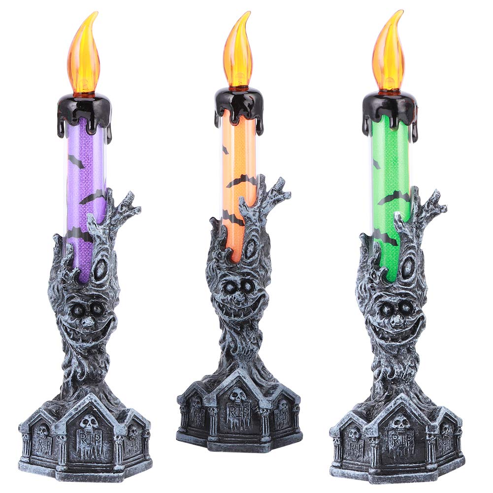 3pcs Halloween Skeleton Flameless LED Candles with Skull Candle Holders - Battery Operated Spooky Decor Lights for Home, Party, Bar & Haunted House - Perfect for Halloween Decorations, Themed Events & Gothic Atmosphere