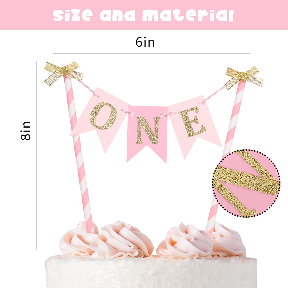 Pink and Gold 1st Birthday Cake Topper for Baby Girls - First Birthday Party Decorations, Cake Smash Banner, Paper Straw Cake Decor - Perfect for 1 Year Old Birthday Cakes, Baby Showers, and Photo Backdrops