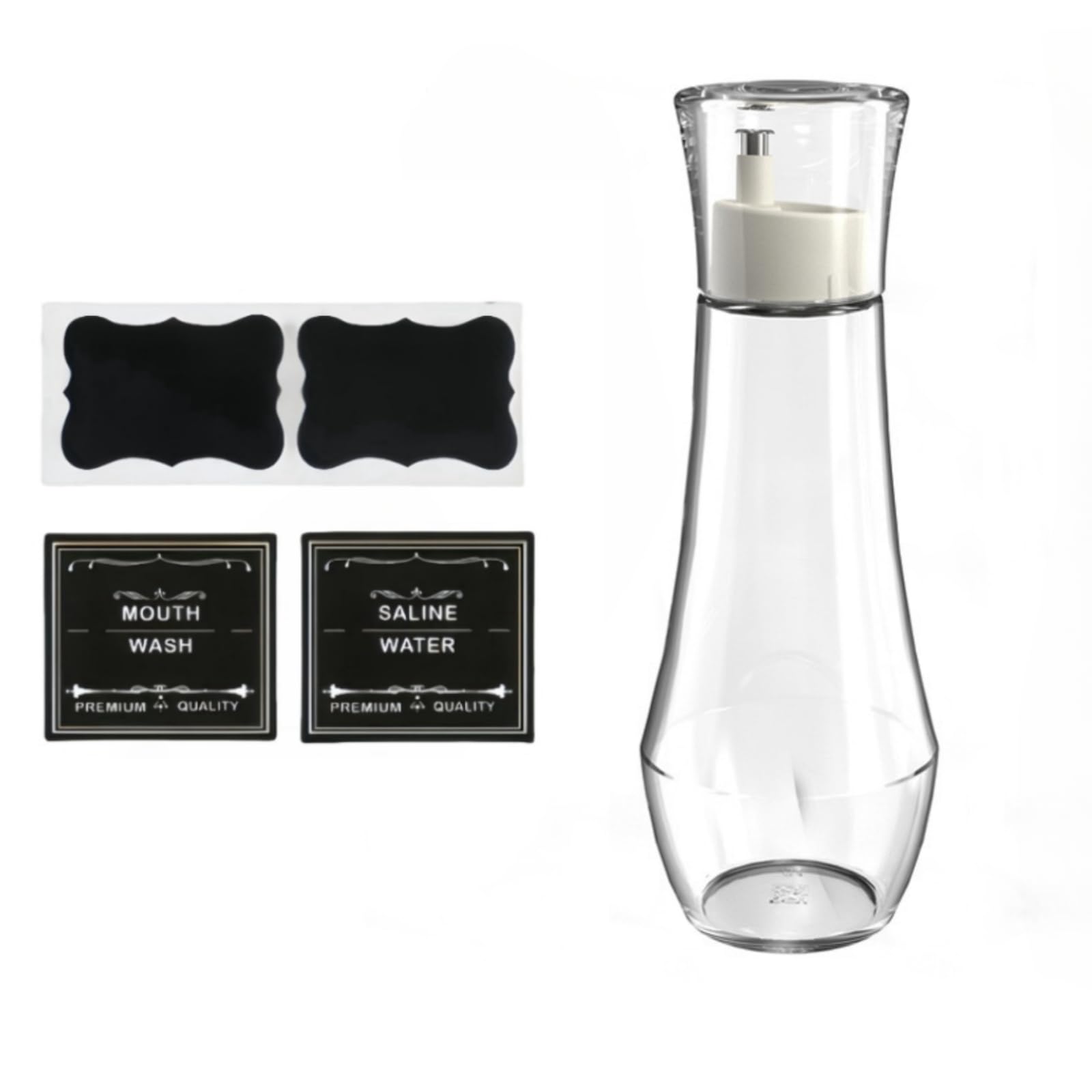 1 Pack 8.8oz Clear Glass Mouthwash Dispenser with Lid Cup - Refillable Bathroom Mouth Wash Container Bottle for Countertop, Vanity & Travel - Includes 4 Pcs Labels (Perfect for Home, Hotel & Office Use)