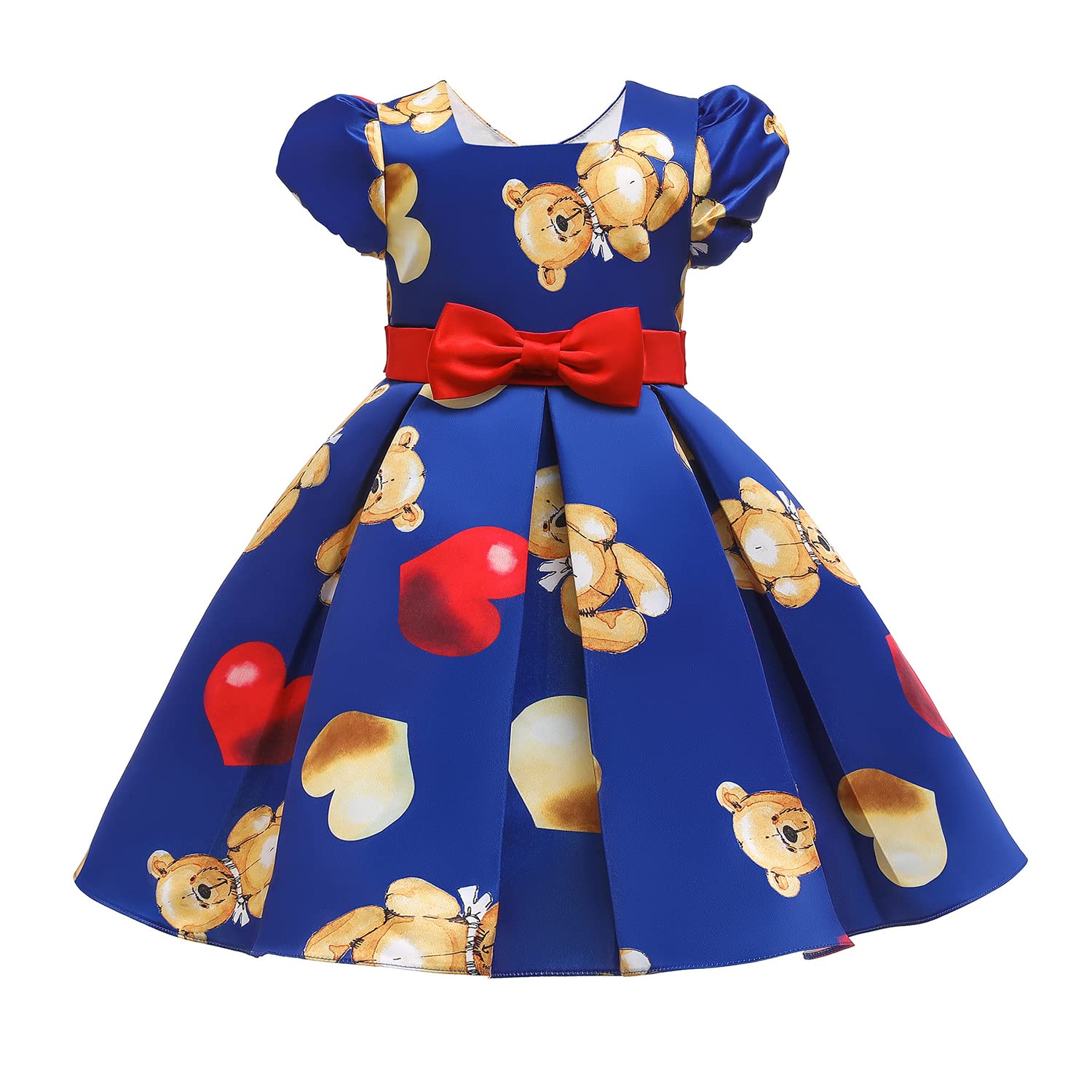Girls Puff Sleeve Dress with Bear Heart Print - Princess Birthday Party Dress for Toddlers & Kids - Perfect for Birthday Parties, Photo Shoots & Special Occasions