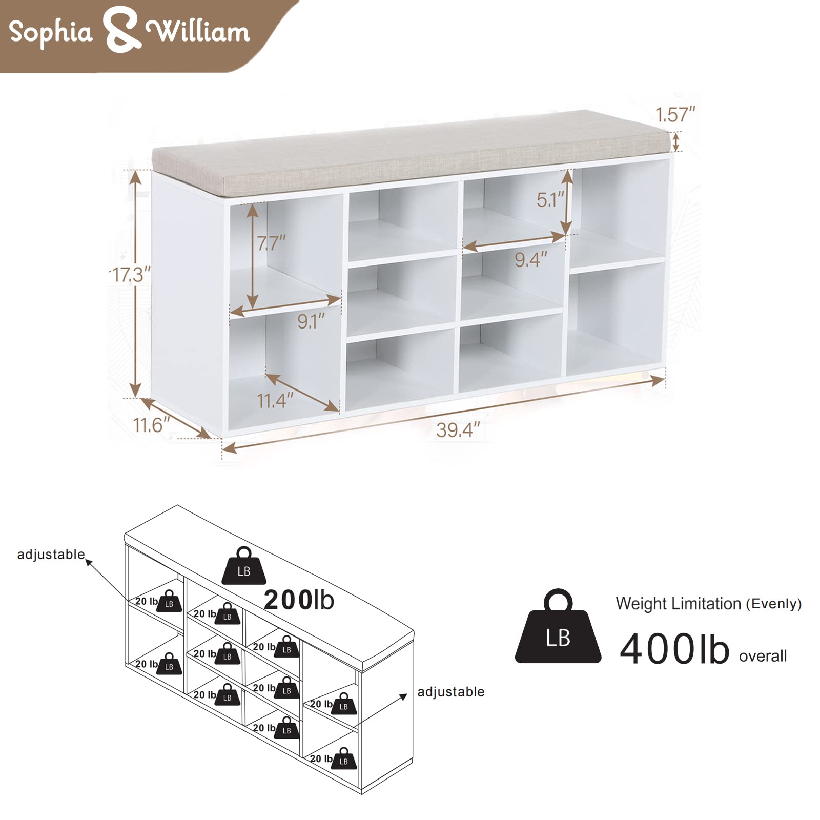 Sophia & William Entryway Shoe Bench with Cushion - 8 Compartment Storage Cabinet, Adjustable Shelves Freestanding Shoe Rack (400 lbs Capacity) - Perfect for Hallway, Mudroom & Closet Organization - White