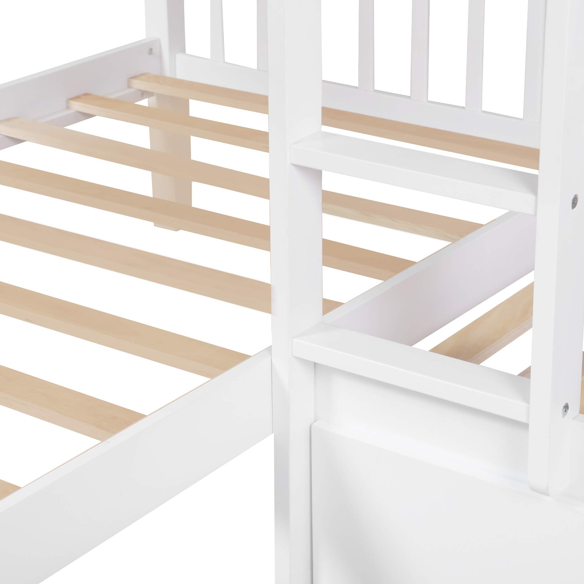 Kids L-Shaped Twin Over Twin Solid Wood Bunk Bed Frame with Safety Guardrail & Ladder, Storage Drawers - No Box Spring Needed, White - Perfect for Small Bedrooms, Shared Kids Rooms & Space-Saving Solutions