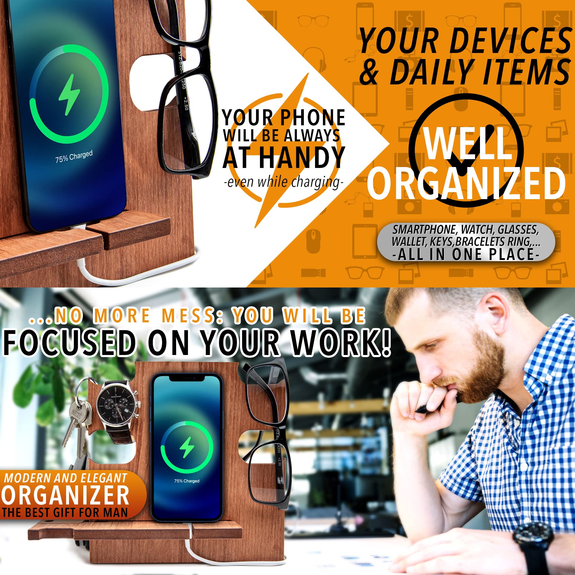 Premium Walnut Phone Docking Station & Night Stand - Wireless Charging Organizer for iPhone, Samsung, AirPods | Perfect for Bedside, Office & Home Decor