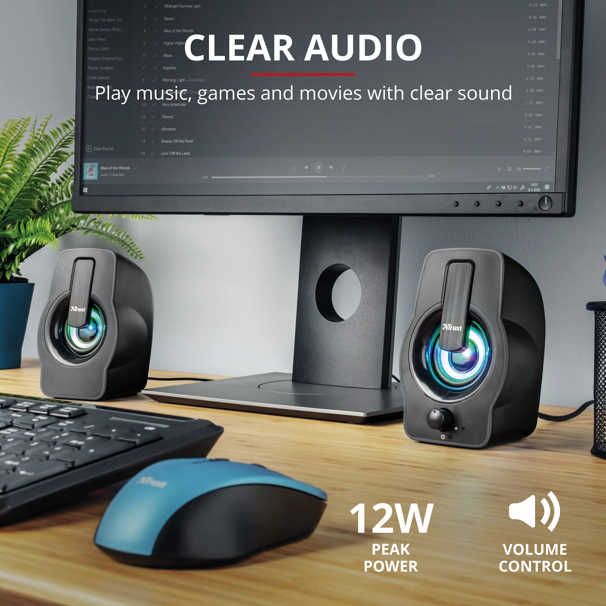 Trust Gemi RGB LED 2.0 PC Gaming Speakers - 12W USB Powered Computer Sound System with Colorful Illumination for Desktop & Laptop (Black) - Perfect for Gaming Setups, Home Office & Multimedia Entertainment