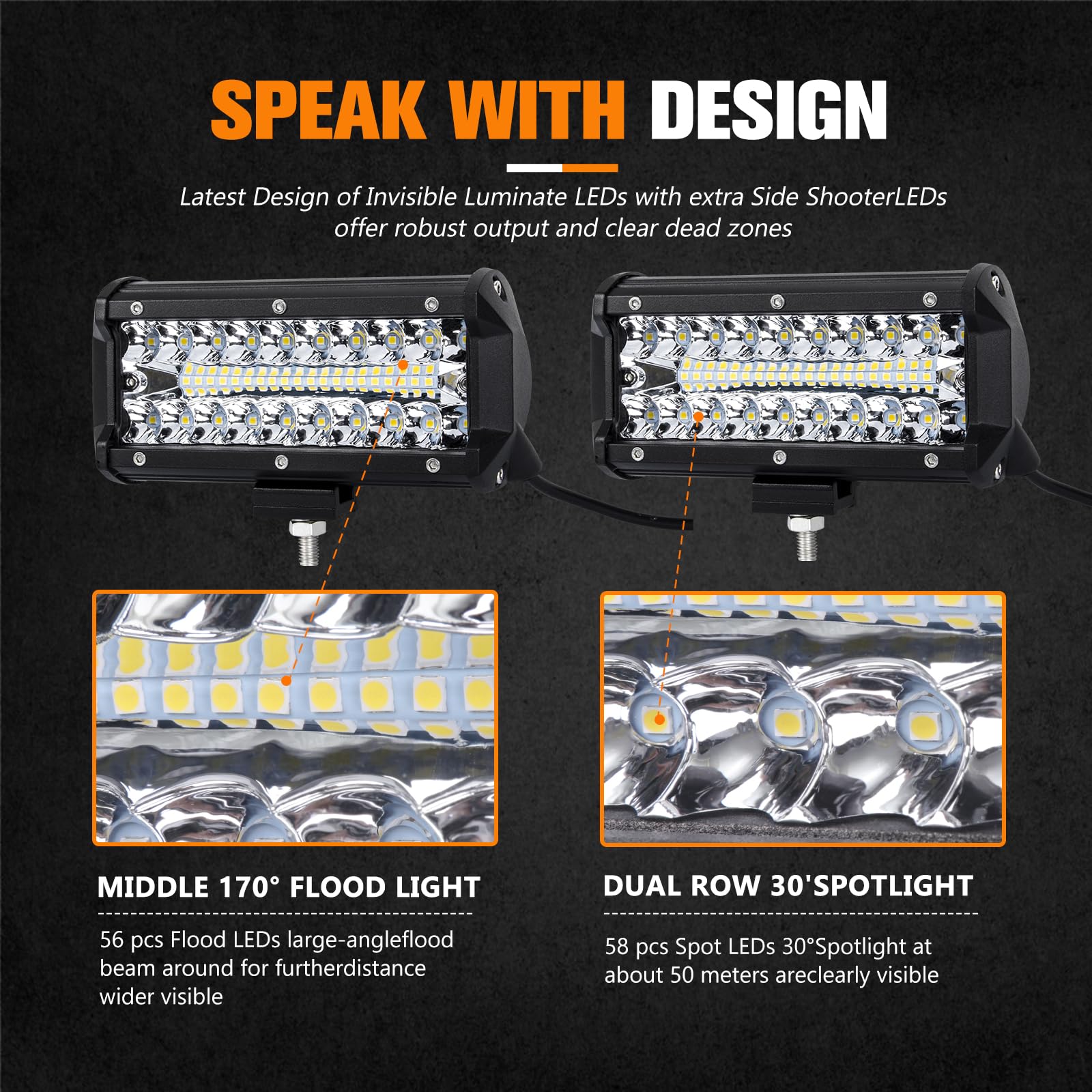 2PCS 7 Inch LED Light Bar for Truck, Boat, ATV, UTV, Marine - 24000LM IP68 Waterproof LED Pods with Spot & Flood Combo Beam - 12V Triple Row Off Road Driving Lights for Work, Camping & Emergency Use
