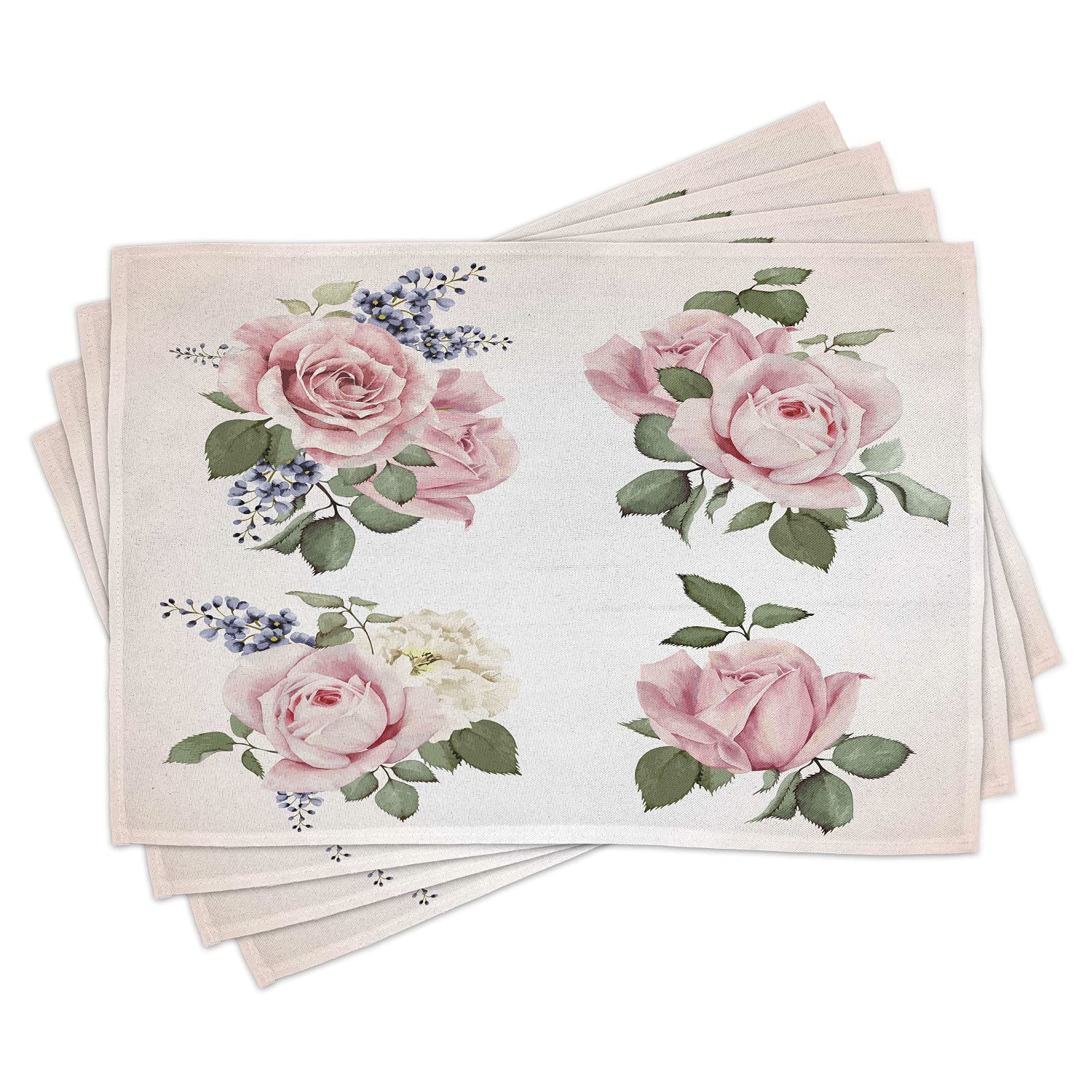 Ambesonne Rose Floral Place Mats Set of 4 - Washable Fabric Table Mats for Dining Room & Kitchen Decor - Spring Bouquet Bridal Floral Design in Pale Pink & Reseda Green - Perfect for Weddings, Brunch, and Home Decor