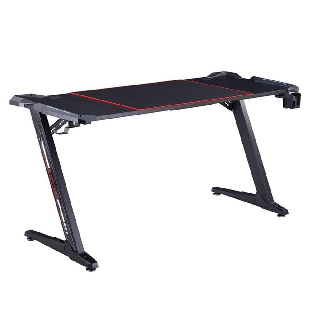 Almly Modern Black Metal Gaming Desk with Built-in Outlets & USB Ports - Ergonomic Computer Desk for Home Office & Gaming Setup
