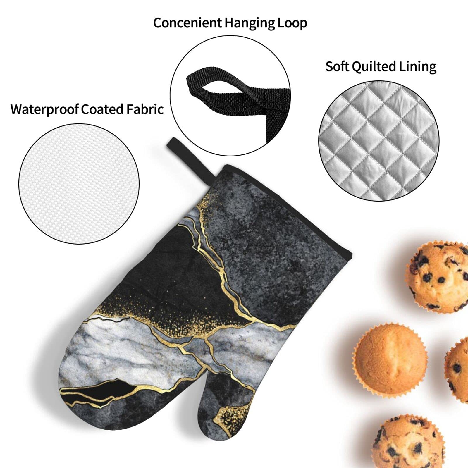 Heat Resistant Oven Mitts and Pot Holders Set of 3 - Black Marble Gold Crack Design, Non-Slip Kitchen Gloves for Baking, Cooking, Grilling & BBQ - Perfect for Home Chefs and Holiday Cooking