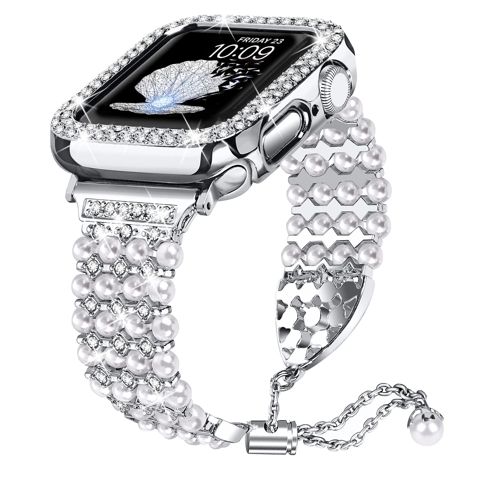 Joyozy Bling Pearl Bracelet 45mm Compatible with Apple Watch Series 8/7 - Women's Sparkle Rhinestone Strap & Diamond Case - Cute Dressy Metal Jewelry Band (Silver, 45mm) for Parties, Weddings & Special Occasions