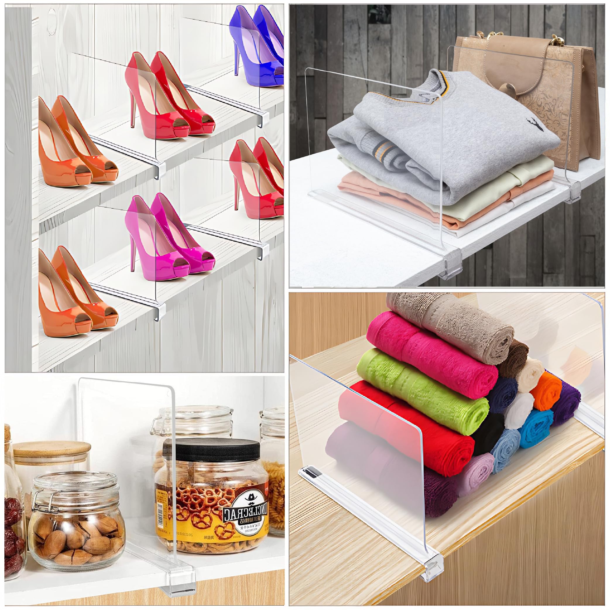 Clear Acrylic Shelf Dividers for Closet Organization - 4 Pack Plastic Shelf Organizers for Clothes, Purses & Storage - Perfect for Bedroom, Kitchen & Office Shelves - Space Saving Home & Office Organization Solution