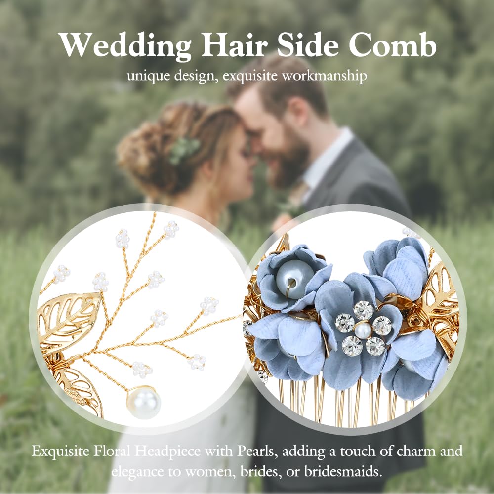 18-Piece Bridal Hair Accessories Set - Pearl Rhinestone Light Blue Flower Side Combs, U-Shaped Pins & Spiral Hairpins for Weddings, Prom, Parties | Perfect for Brides, Bridesmaids & Women