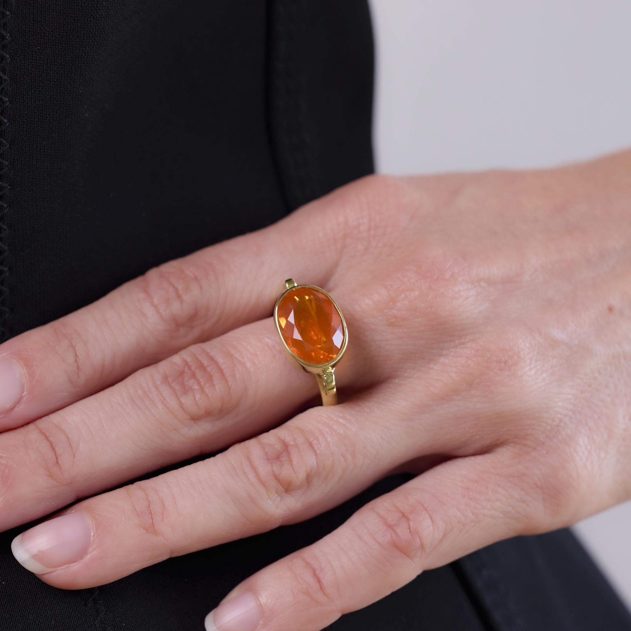 3.90 Carat Fire Opal 18K Yellow Gold East West Bezel Ring for Women | Modern Minimalist Wedding Band | Perfect for Engagement, Anniversary & Everyday Wear