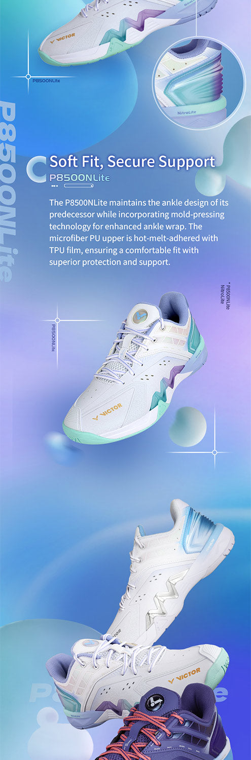 Victor P8500NLITE AT Badminton Shoes for Men & Women - Lightweight Non-Marking Indoor Court Shoes with Cushioning - Brilliant White/Blue Violet - Perfect for Badminton, Tennis, Squash & Indoor Sports