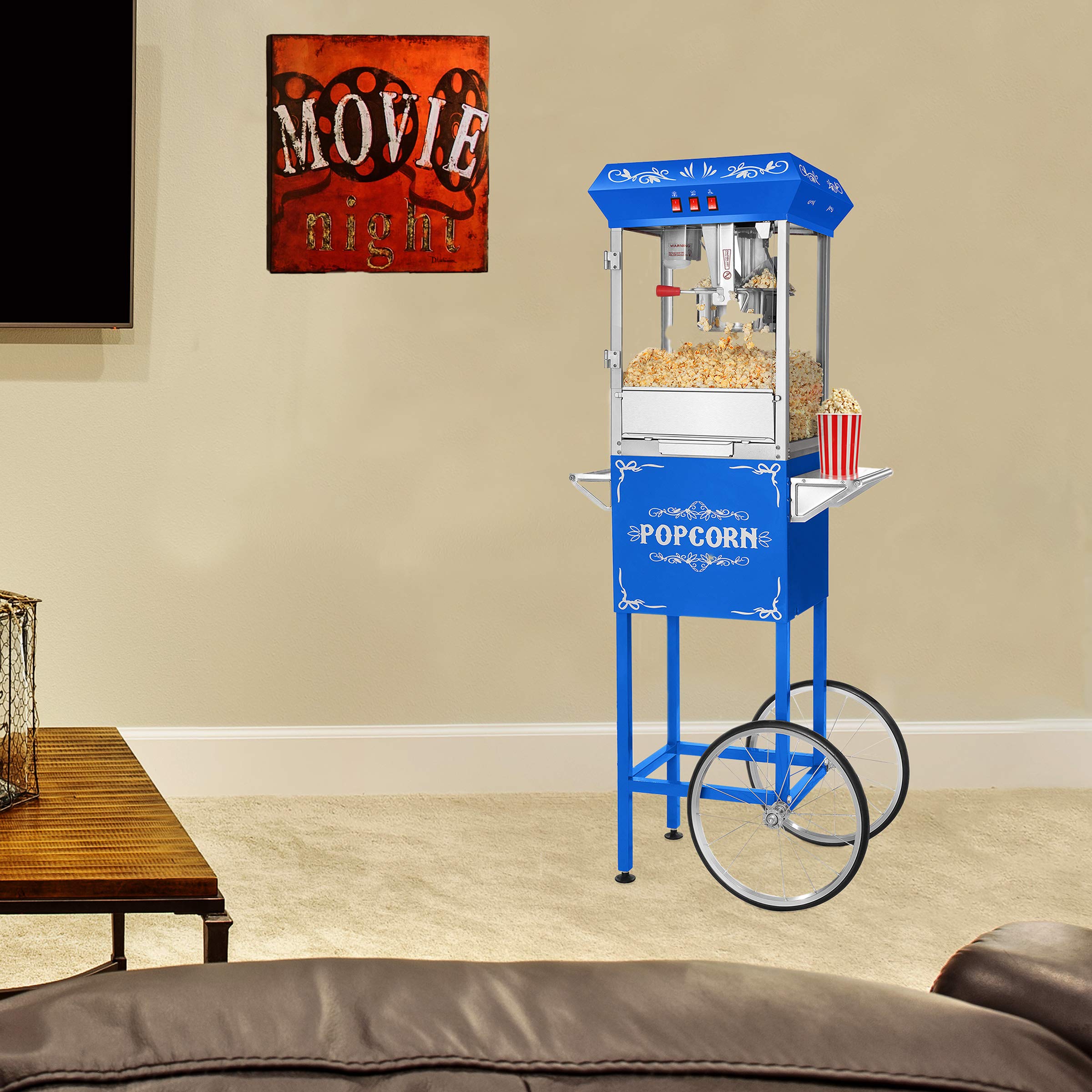 Great Northern Popcorn Commercial 8oz Popcorn Machine with Cart - Stainless Steel Kettle, Warming Light & Accessories - Perfect for Movie Nights, Parties & Concession Stands (Blue)