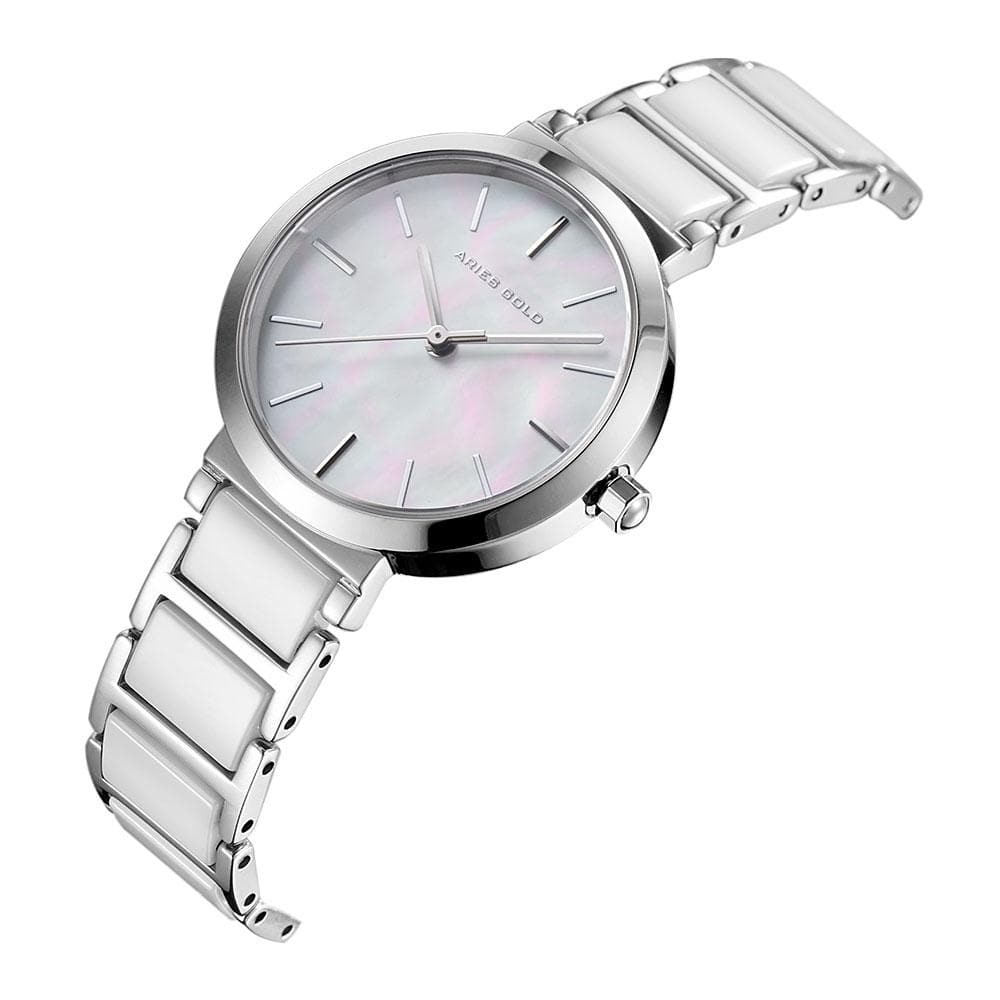 ARIES GOLD ENCHANT Silver Stainless Steel Women's Watch with White Ceramic Band - Elegant Dress Watch for Business, Party & Special Occasions