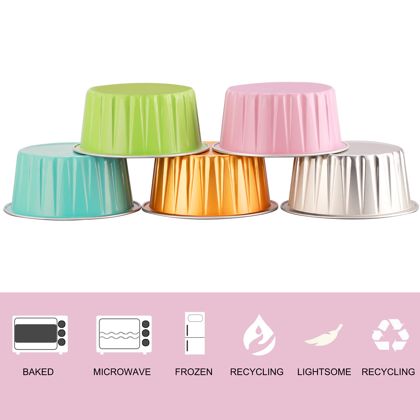 EUSOAR 50pcs 5oz Disposable Aluminum Foil Cupcake Liners & Muffin Baking Cups - 5 Color Mixed Set for Desserts, Cakes & Party Treats - Perfect for Home Baking, Birthday Parties & Holiday Cooking