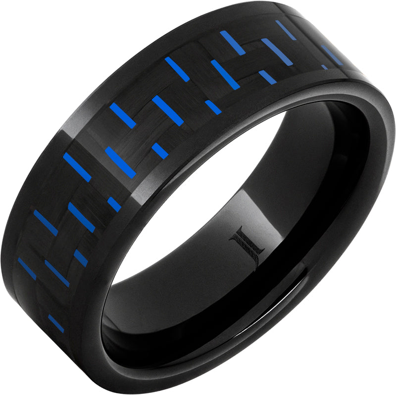 Black Diamond Ceramic Ring with Blue Black Carbon Fiber Inlay - Durable Wedding Band for Men, Stylish Anniversary Gift for Him - Perfect for Outdoor Activities & Formal Occasions