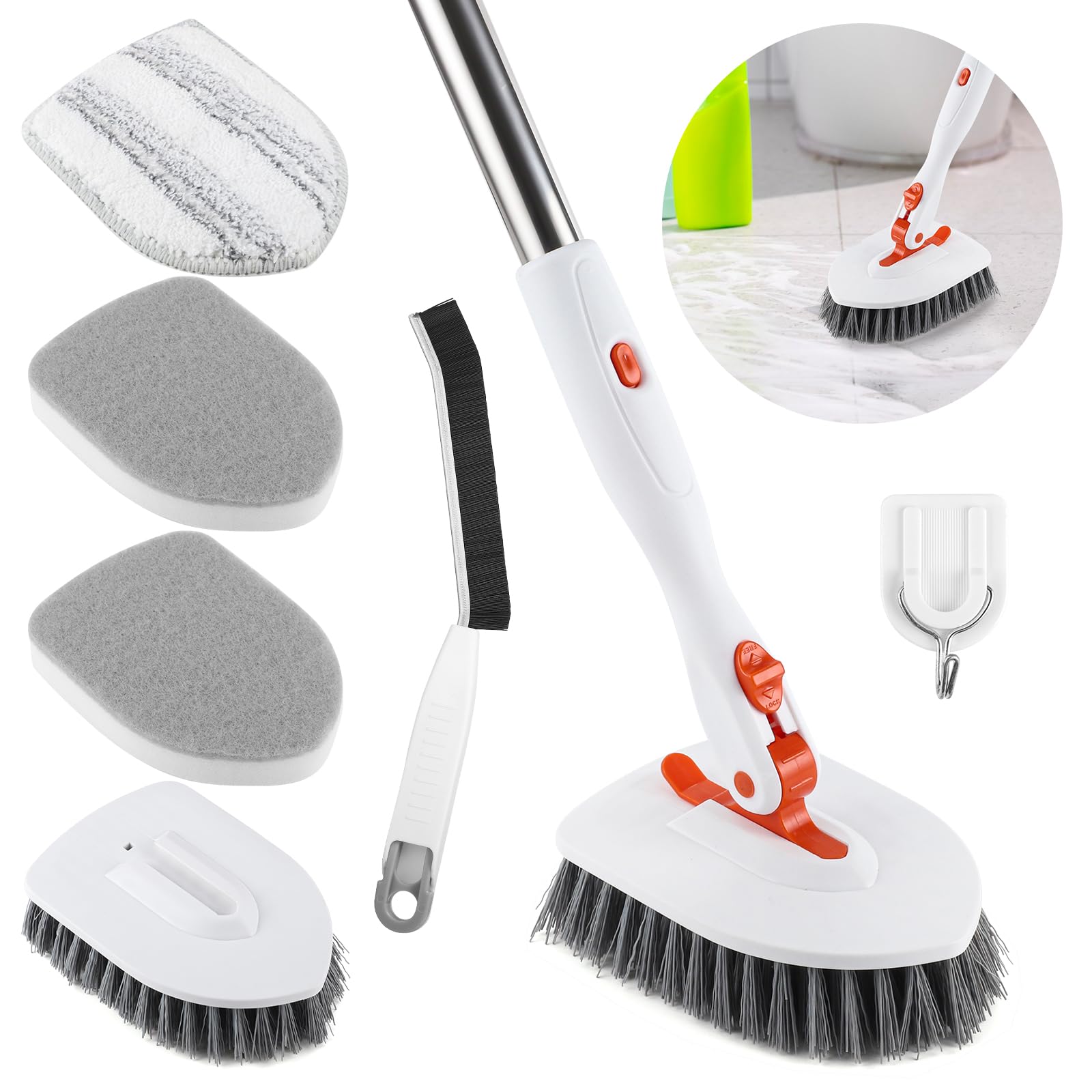 3 in 1 Tub Tile Scrubber Brush with 52 Inch Long Handle - Bathroom Shower Cleaning Brush with Locked Head for Kitchen, Toilet, Wall & Sink - Perfect for Hard-to-Reach Areas and Deep Cleaning Grout Lines