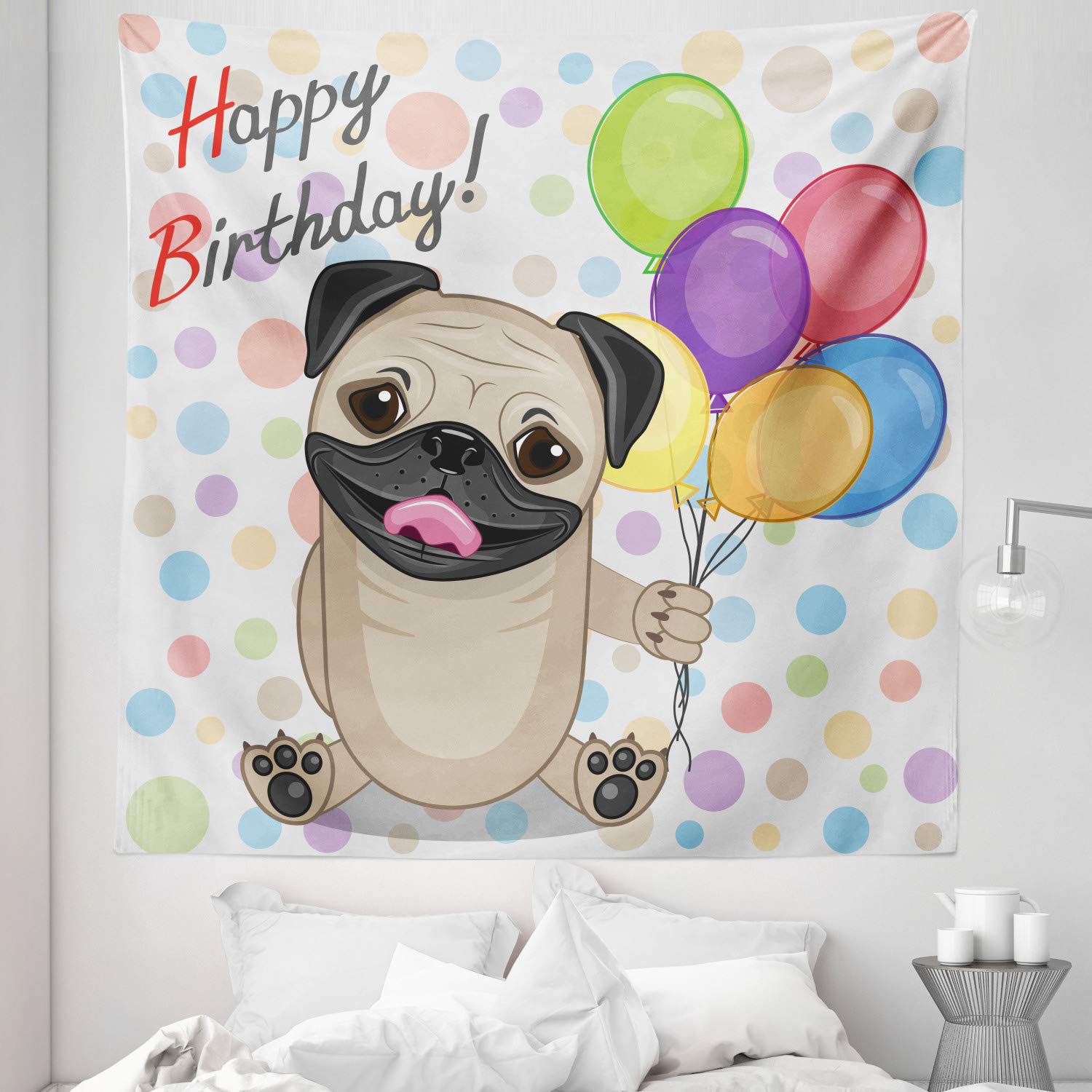 Ambesonne Queen Size Birthday Tapestry - Smiling Pug Dog with Party Balloons Wall Hanging, 88x88 Inch Multicolor Bedspread & Wall Decor for Bedroom, Living Room, Dorm Party Decorations