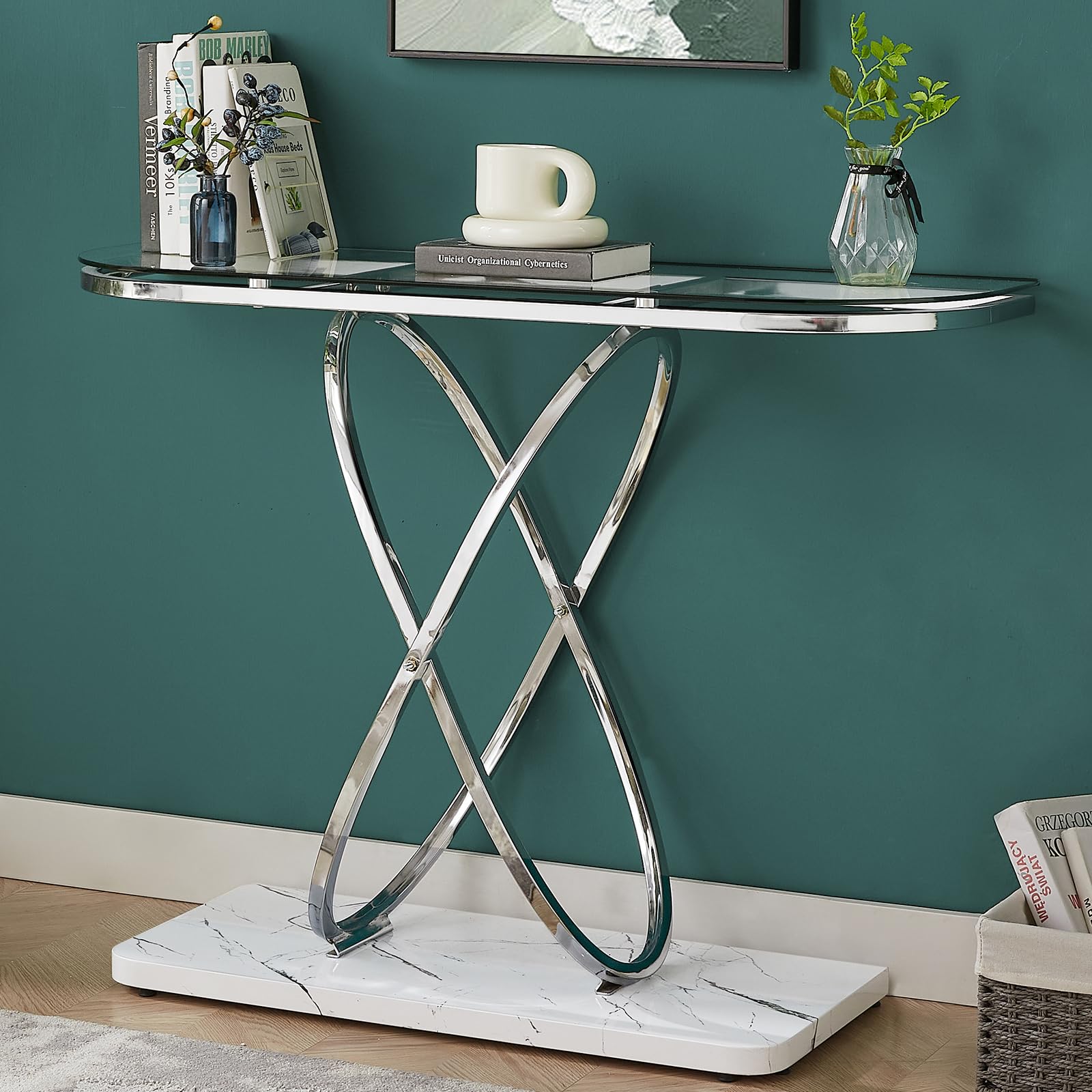 Modern Entryway Table with Oval Frames & Marble MDF Base - Tempered Glass Console Table for Living Room, Hallway, Bedroom - Silver & Clear Glass - Perfect for Small Spaces, Apartment Decor, and Home Entryway Organization