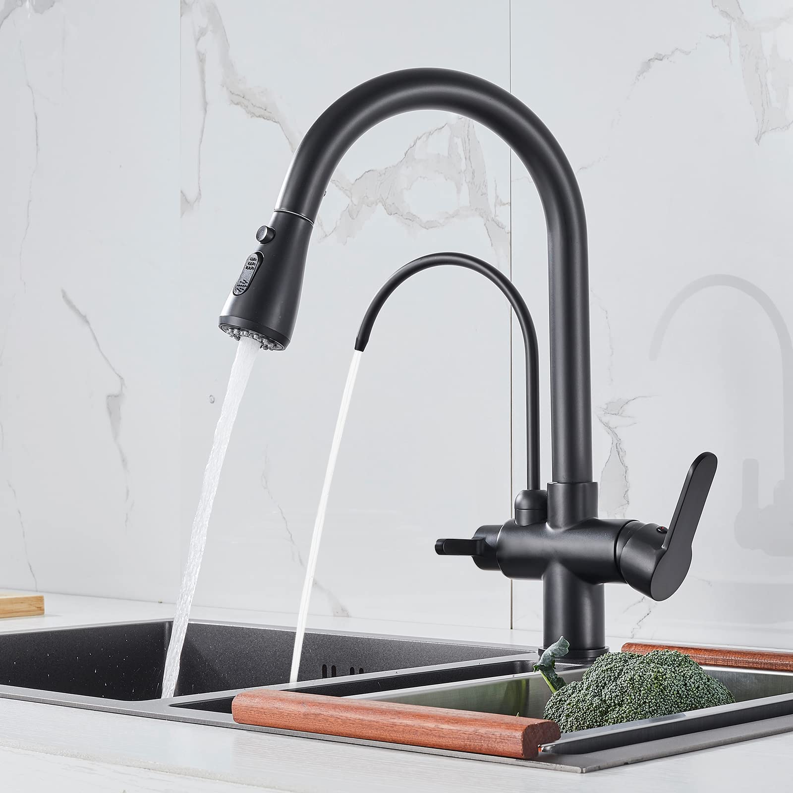 POPFLY 3-in-1 Kitchen Sink Faucet with Water Filter & Pull Down Sprayer - Matte Black Brass Drinking Water Faucet for Clean Filtered Water - Perfect for Modern Kitchens, Home Renovations & Healthy Cooking