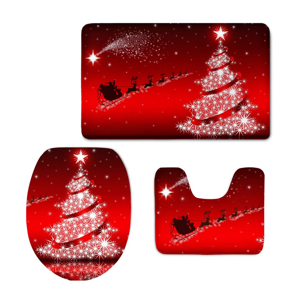 UNICEU 3-Piece Non-Slip Bathroom Rugs Set - U-Shaped Toilet Contour Mat, Soft Absorbent Toilet Cover with Snow Christmas Tree Design - Perfect for Holiday Bathroom Decor, Christmas Gift Idea & Cozy Home Upgrade