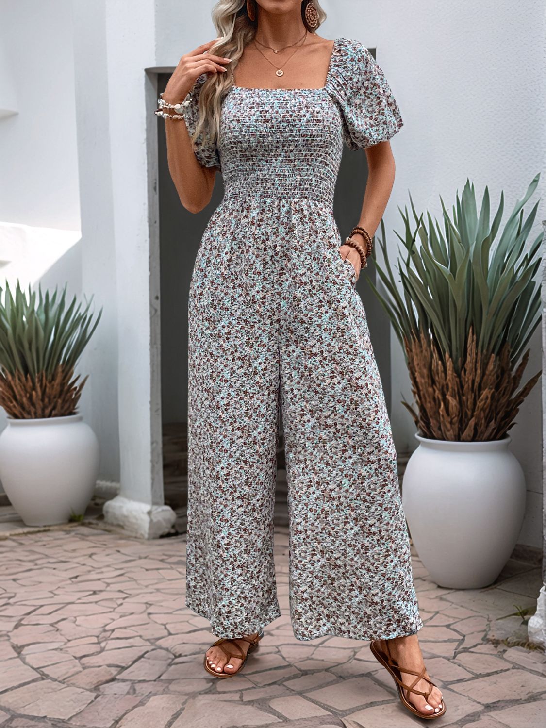 Floral Summer Puff Sleeve Jumpsuit for Women - Boho Chic Romper with Elastic Waist - Perfect for Beach Vacation, Music Festival & Date Night Outfits