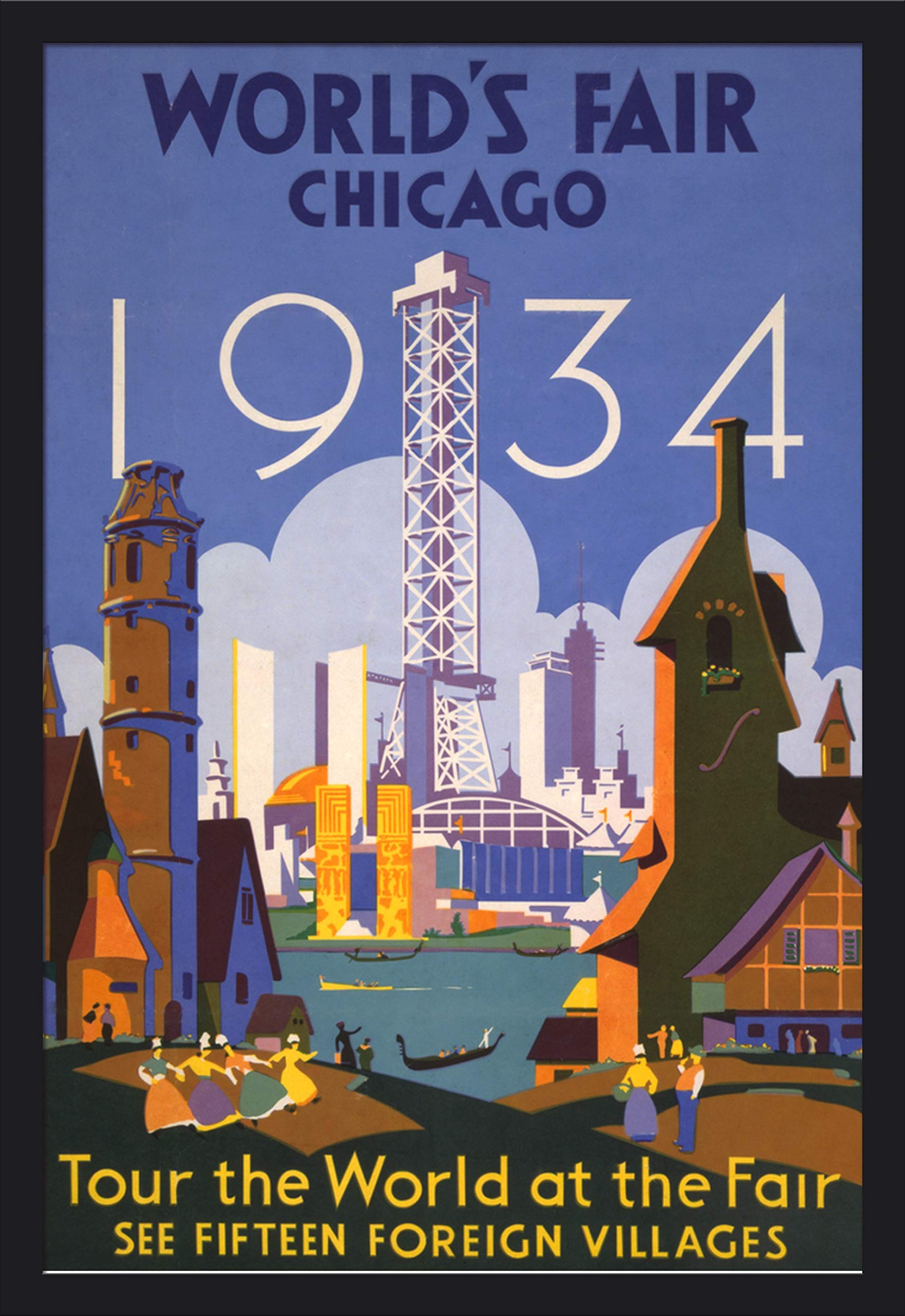 Chicago World's Fair Poster - Tour the World 44078 - 24x36 Giclee Art Print with Black Wood Gallery Frame - Vintage Travel Decor for Home & Office