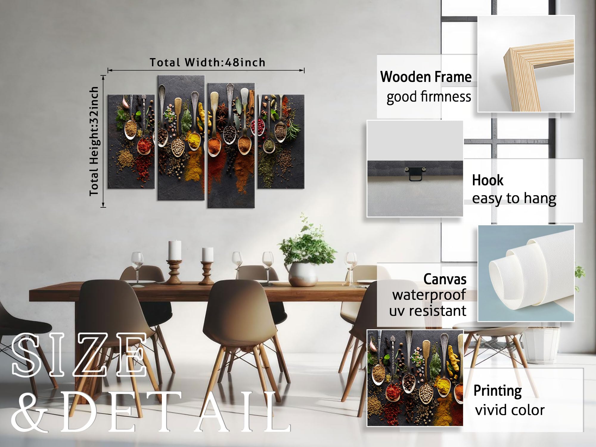 YOUHONG 4-Piece Kitchen Wall Art Set - Spice & Food Themed Wall Decor for Dining Room & Kitchen - 48''W x 32''H - Perfect for Farmhouse, Modern & Rustic Home Decor