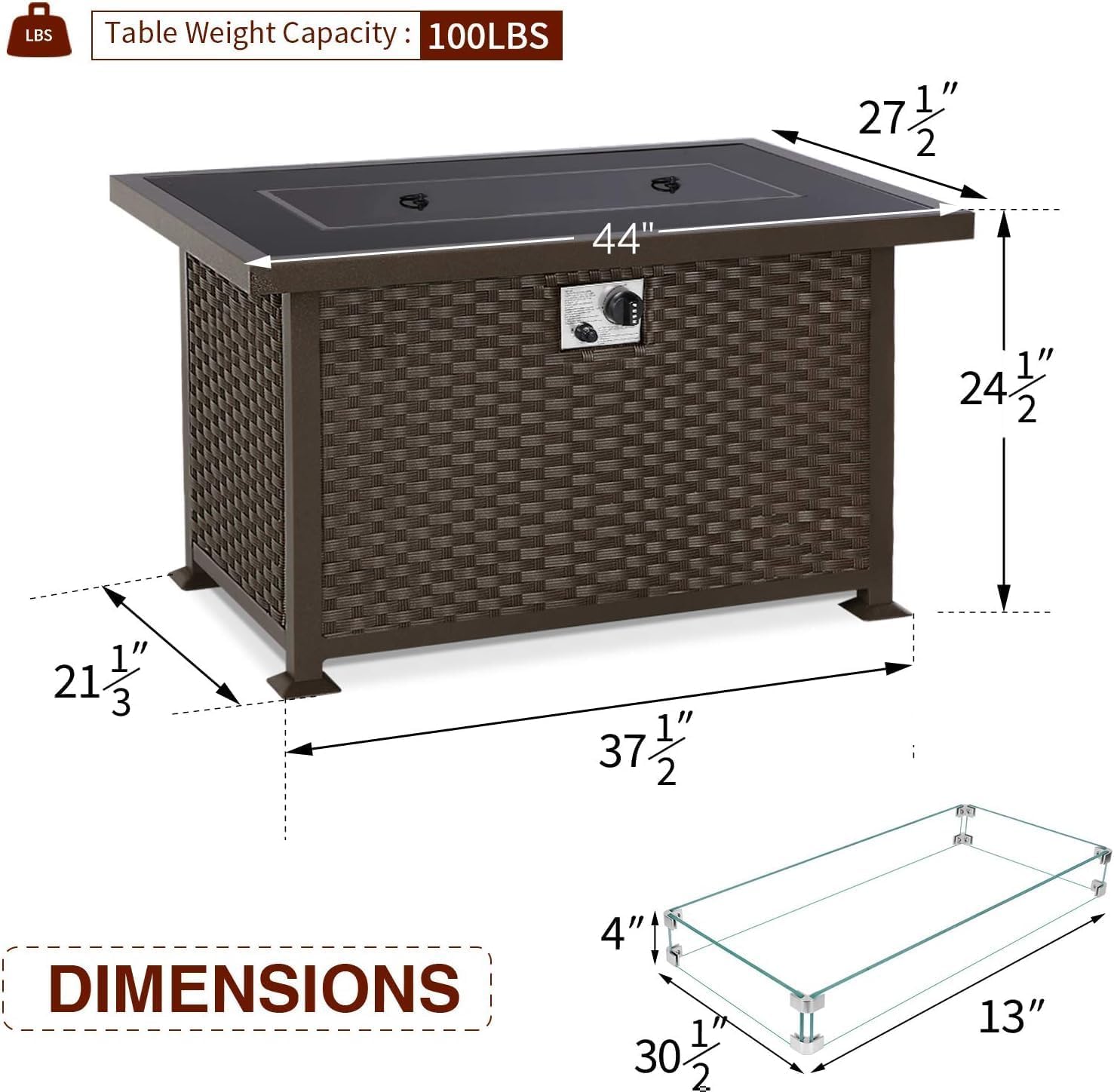 U-MAX 44 Inch Outdoor Propane Fire Pit Table - 50,000 BTU Auto-Ignition Gas Fire Pit with Wind Guard, Black Tempered Glass Top & Blue Fire Glass Rocks, Brown PE Wicker, CSA Certified - Perfect for Patio, Backyard, Deck and Garden Gatherings
