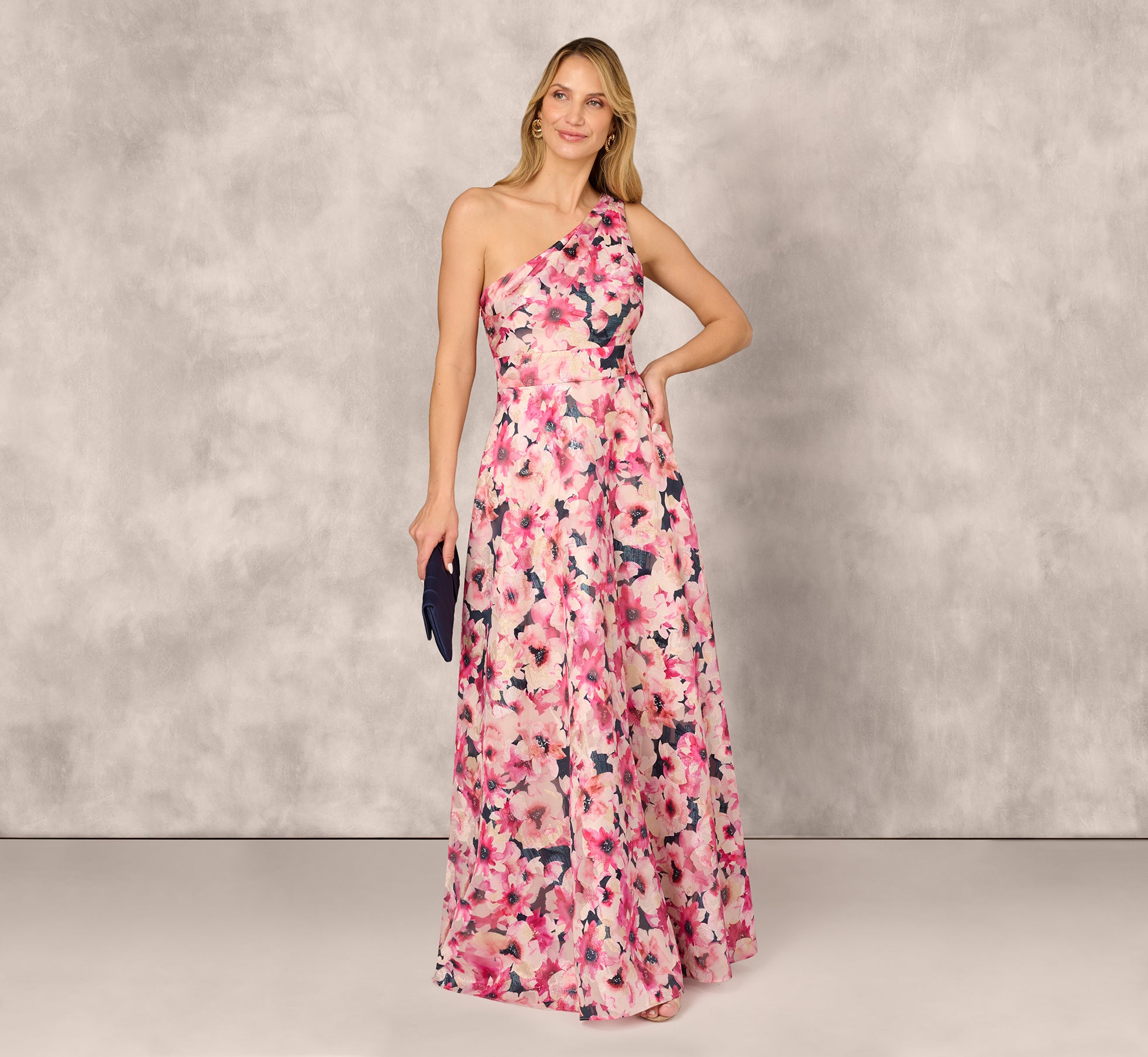 Elegant Floral Print Jacquard One Shoulder Ball Gown - Hot Pink Multi Color Prom Dress for Evening Gala, Wedding, or Special Occasions