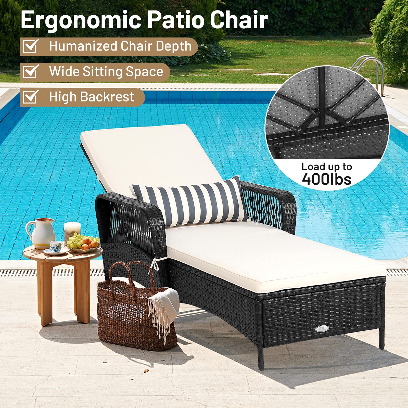 RELAX4LIFE Outdoor PE Rattan Chaise Lounge Chair with Thick Cushion & Lumbar Pillow - 6-Position Adjustable Recliner, Non-Slip Feet - Perfect for Patio, Poolside, Garden, Beach Sunbathing & Backyard Relaxation