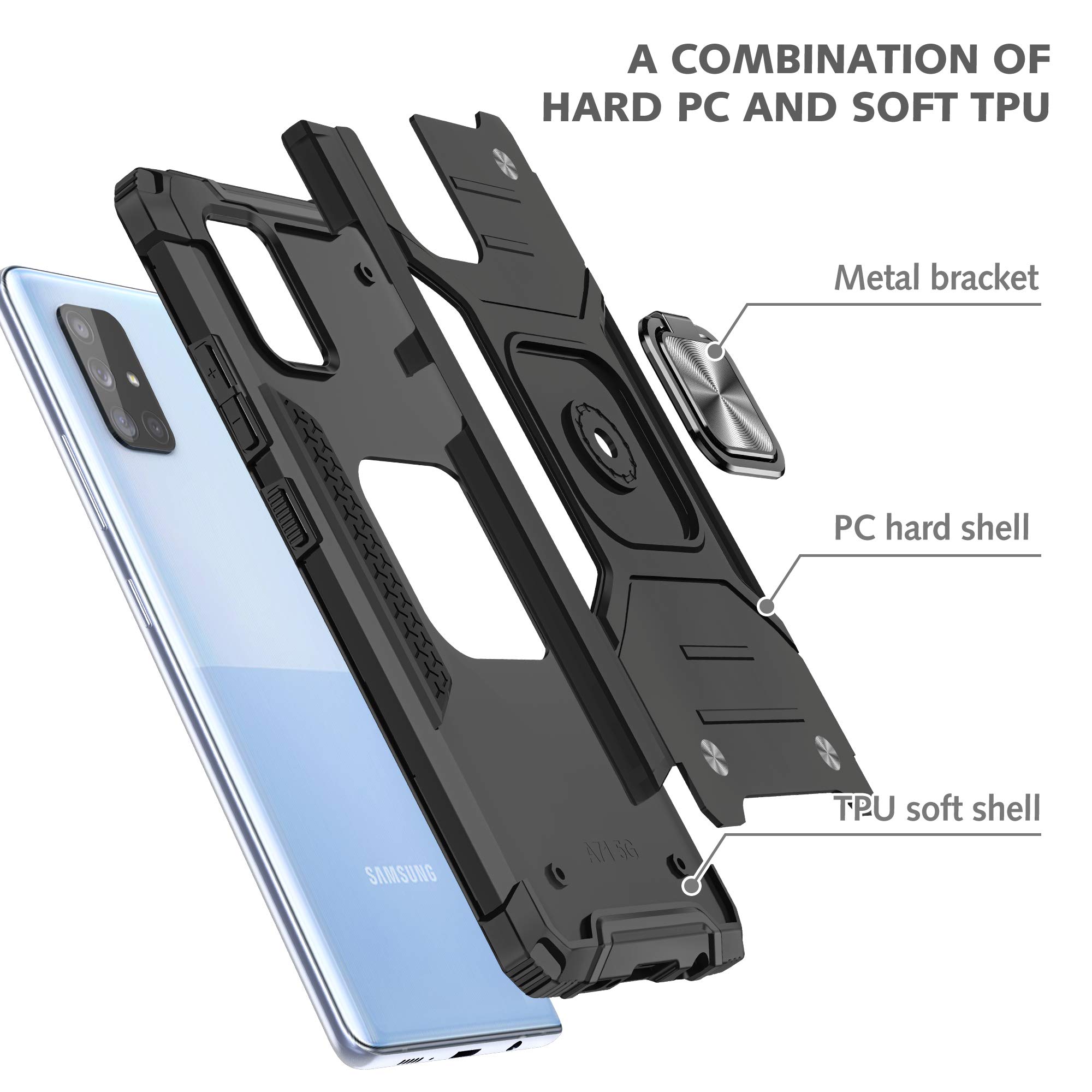 Samsung Galaxy A71 5G Case with Tempered Glass Screen Protector - Military Grade Protective Phone Cover with Magnetic Car Mount & Kickstand (Black) - Perfect for Work, Travel, and Outdoor Activities
