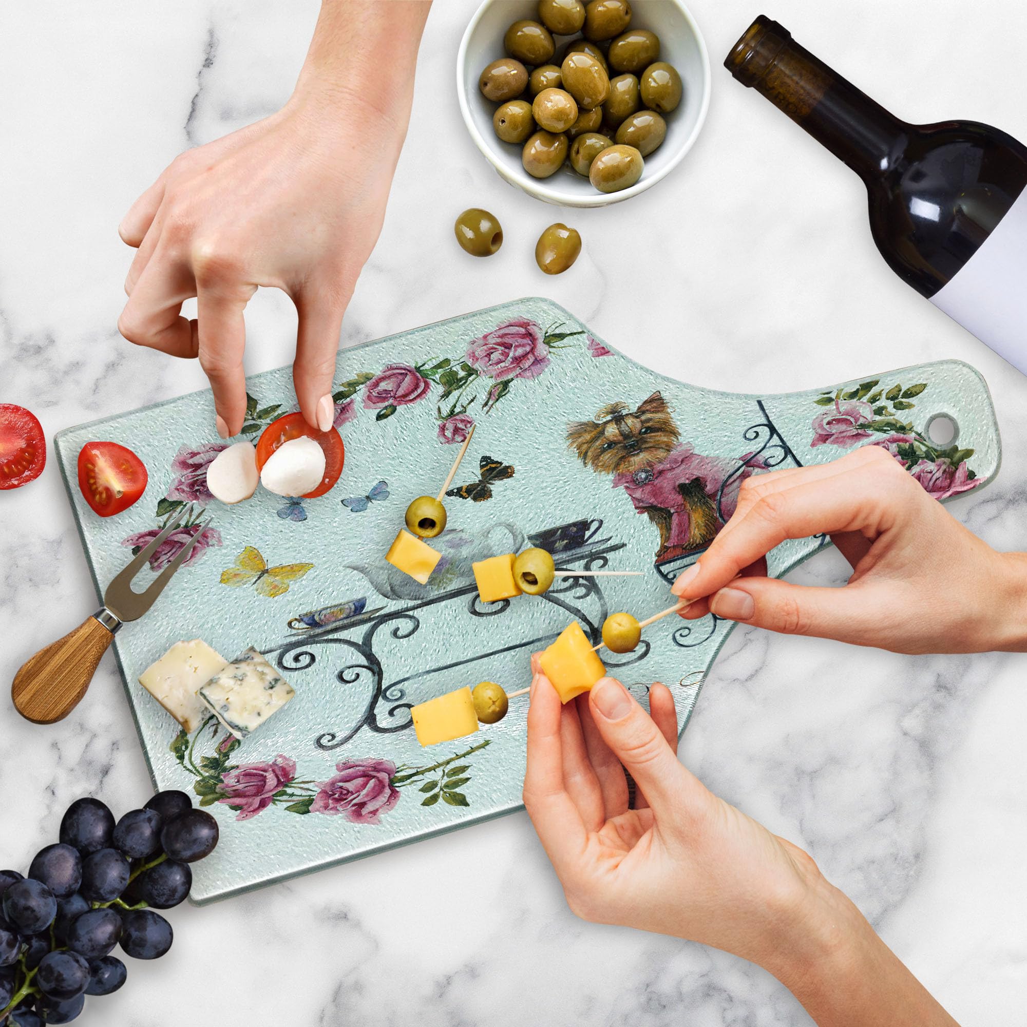 Ambesonne Yorkie Themed Cutting Board - Yorkshire Terrier in Pink Dress Tea Party Design with Butterflies & Roses - Tempered Glass Serving Board for Cheese, Charcuterie & Wine - Elegant Wine Bottle Shape in Pale Pink & White - Perfect for Kitchen Decor & Hostess Gifts