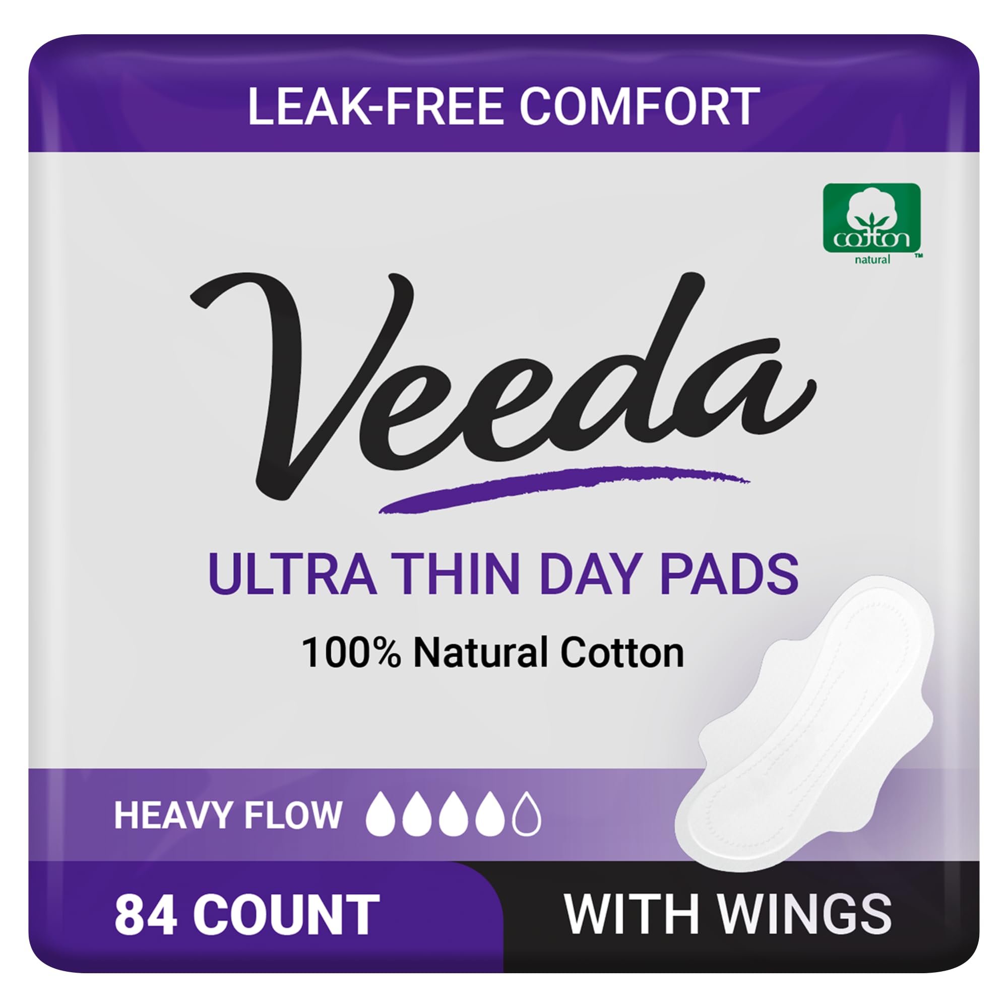 Veeda Natural Cotton Pads for Women - Ultra Thin Heavy Flow Sanitary Napkins with Wings - Hypoallergenic & Unscented Period Pads - Chlorine Free Feminine Hygiene Products (84 Count) - Perfect for Overnight Protection & Active Lifestyle