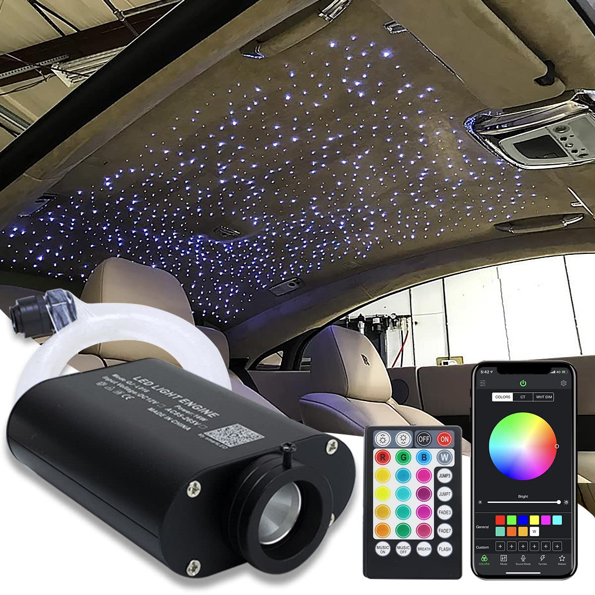 AMKI 16W Fiber Optic Star Ceiling Lights Kit with APP & Remote Control - Sound Activated Mode, 450pcs 0.75mm/0.03in Optical Fiber Cable (6.5ft/2m) for Car Roof & Home Decoration - Perfect for Bedroom, Theater, and Party Lighting