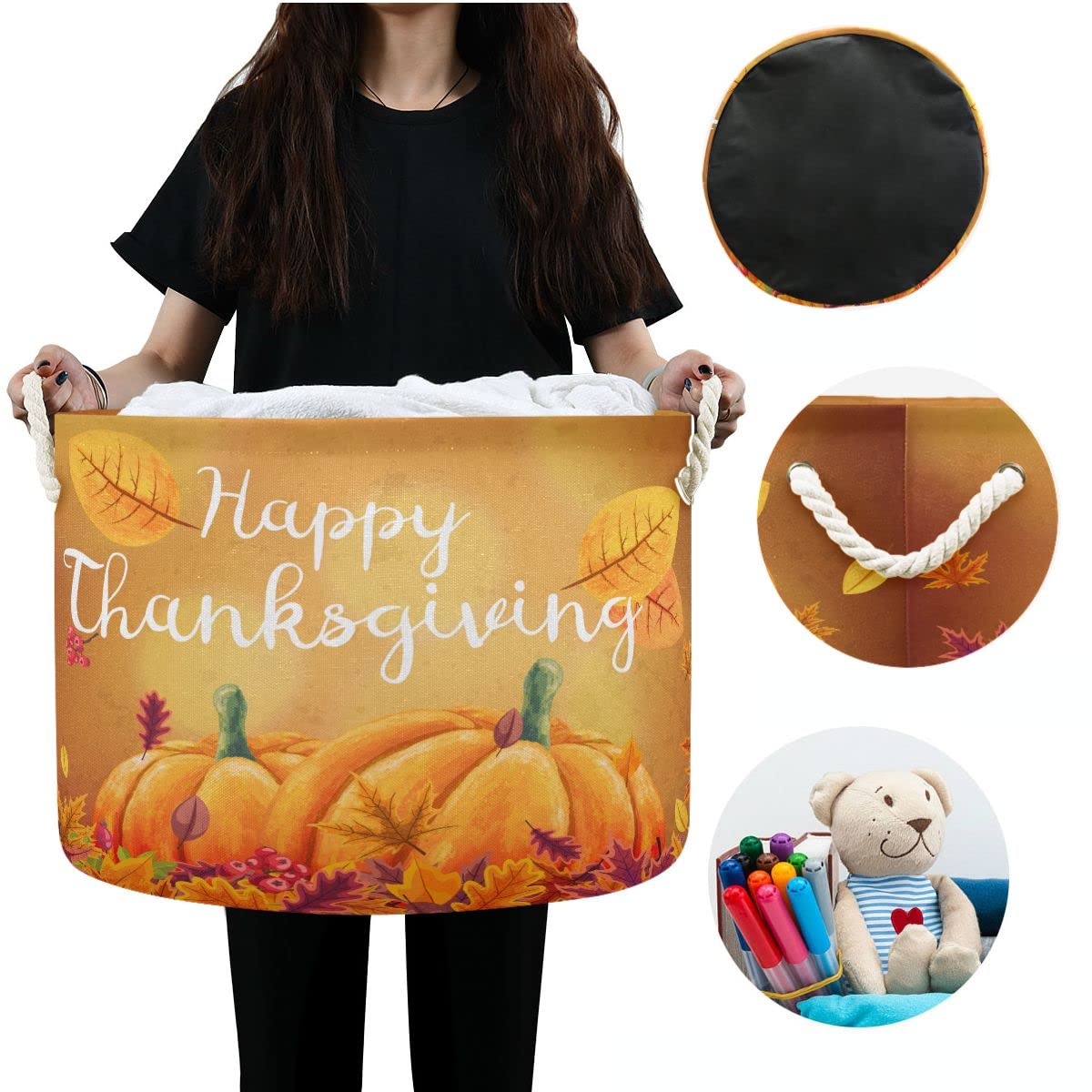 Happy Thanksgiving Fall Leaves Kids Toy Storage Basket - Organizer Bin Box for Laundry Hamper, Nursery, Playroom & Pet Toys | Perfect for Holiday Decor, Child's Room Organization & Dog Toy Storage