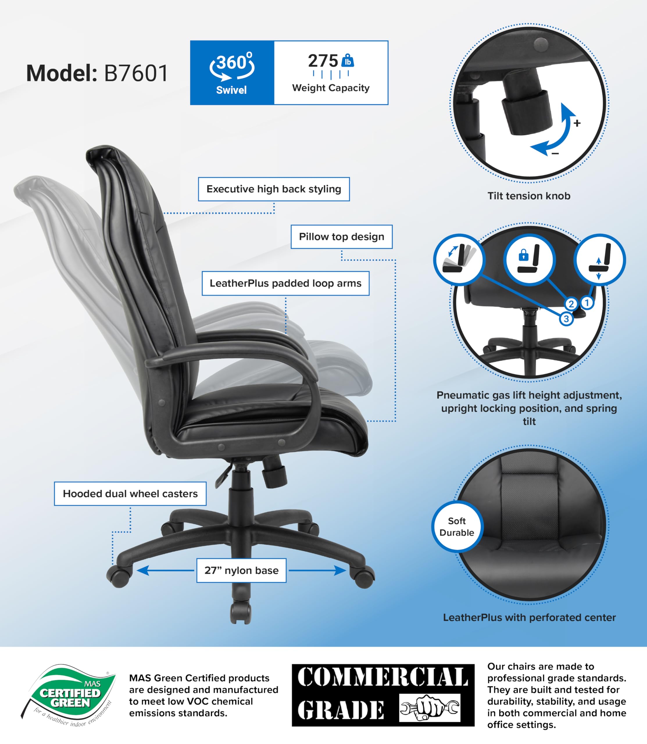 Premium Black Executive LeatherPlus Office Chair with Padded Arms - Ergonomic High Back Desk Chair for Home & Business Workspaces, Conference Rooms, and Professional Offices