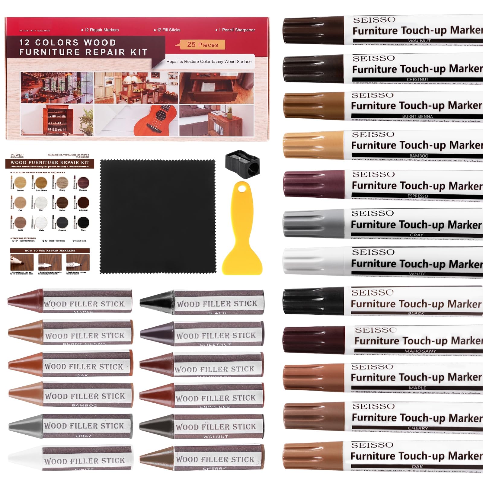 Upgraded 24-Piece Wood Furniture Repair Kit - Markers & Wax Sticks with Sharpener & Black Cloth - Fix Scratches, Nail Holes & Molding on Tables, Chairs, Cabinets - Perfect for Home, Office & DIY Restoration Projects