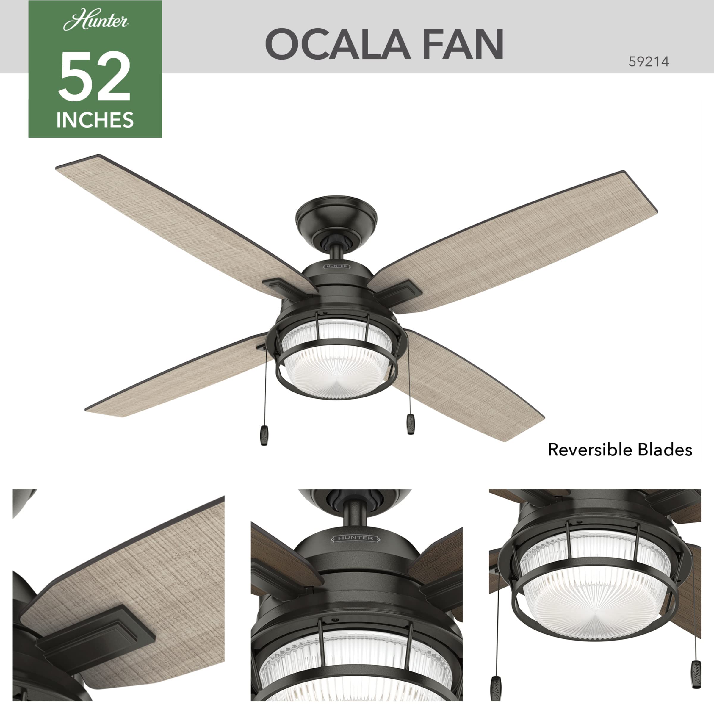 Hunter Fan Company 52 Inch Ocala Noble Bronze Indoor/Outdoor Ceiling Fan with LED Light Kit and Pull Chain - Perfect for Patio, Porch, Living Room, and Bedroom Cooling