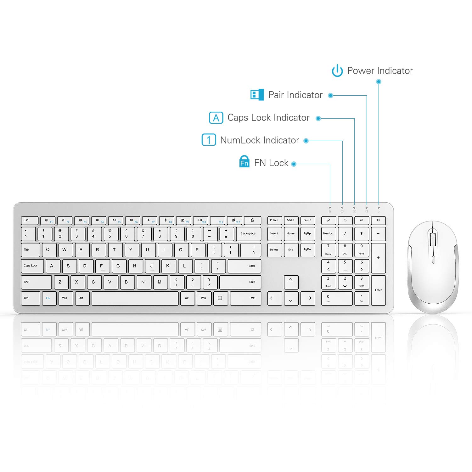 Slim Wireless Keyboard and Mouse Combo with Numeric Keypad - 2.4G Full Size Wireless Keyboard & Mouse Set with Adjustable DPI, Stable Connection (White & Silver) for Home Office, Gaming, and Productivity Work