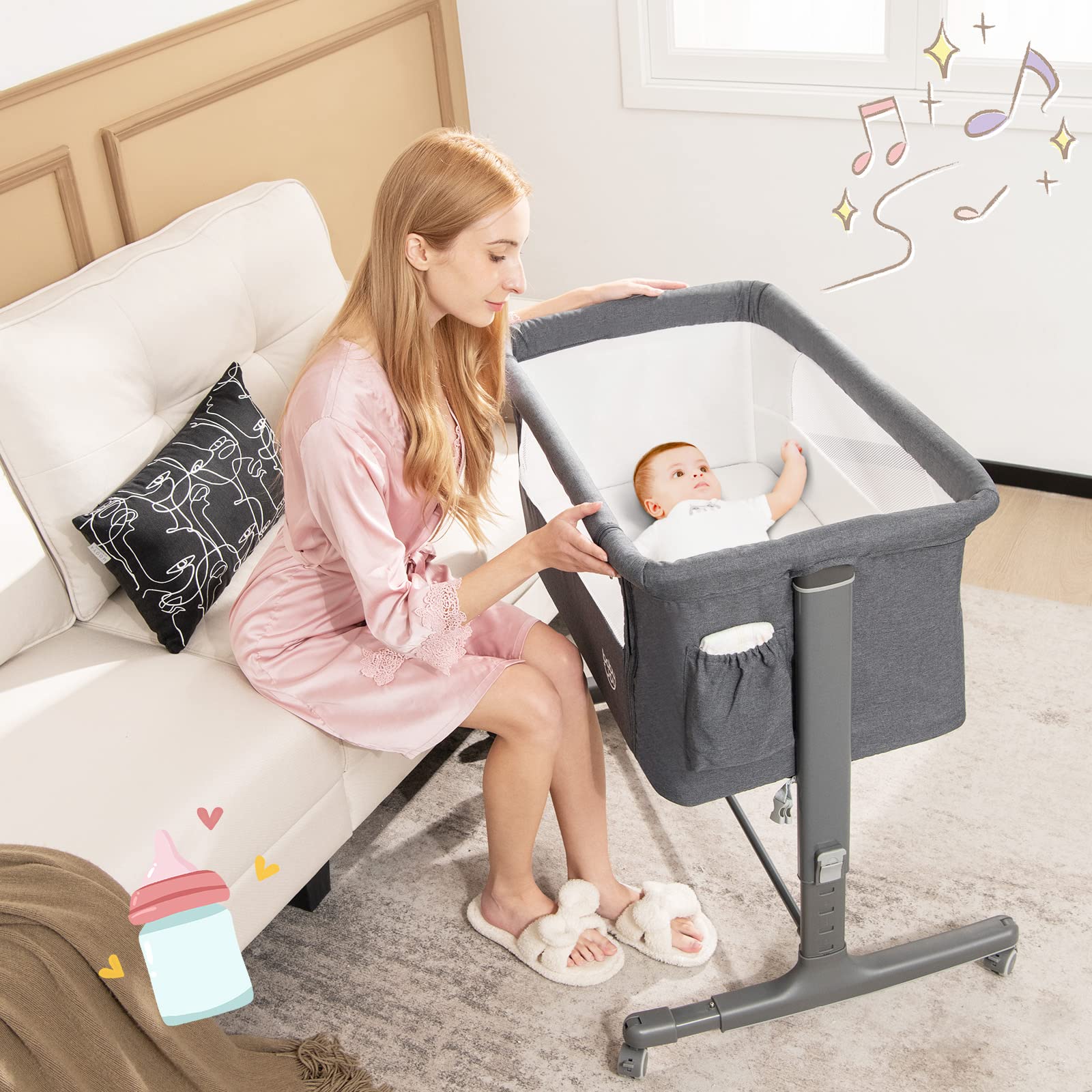 **BABY JOY 3-in-1 Adjustable Height Folding Bassinet & Bedside Sleeper with Mattress, Lockable Wheels, Storage Pocket & Carry Bag – Portable Crib for Newborns & Infants (Grey) – Ideal for Nursery, Travel & Co-Sleeping**