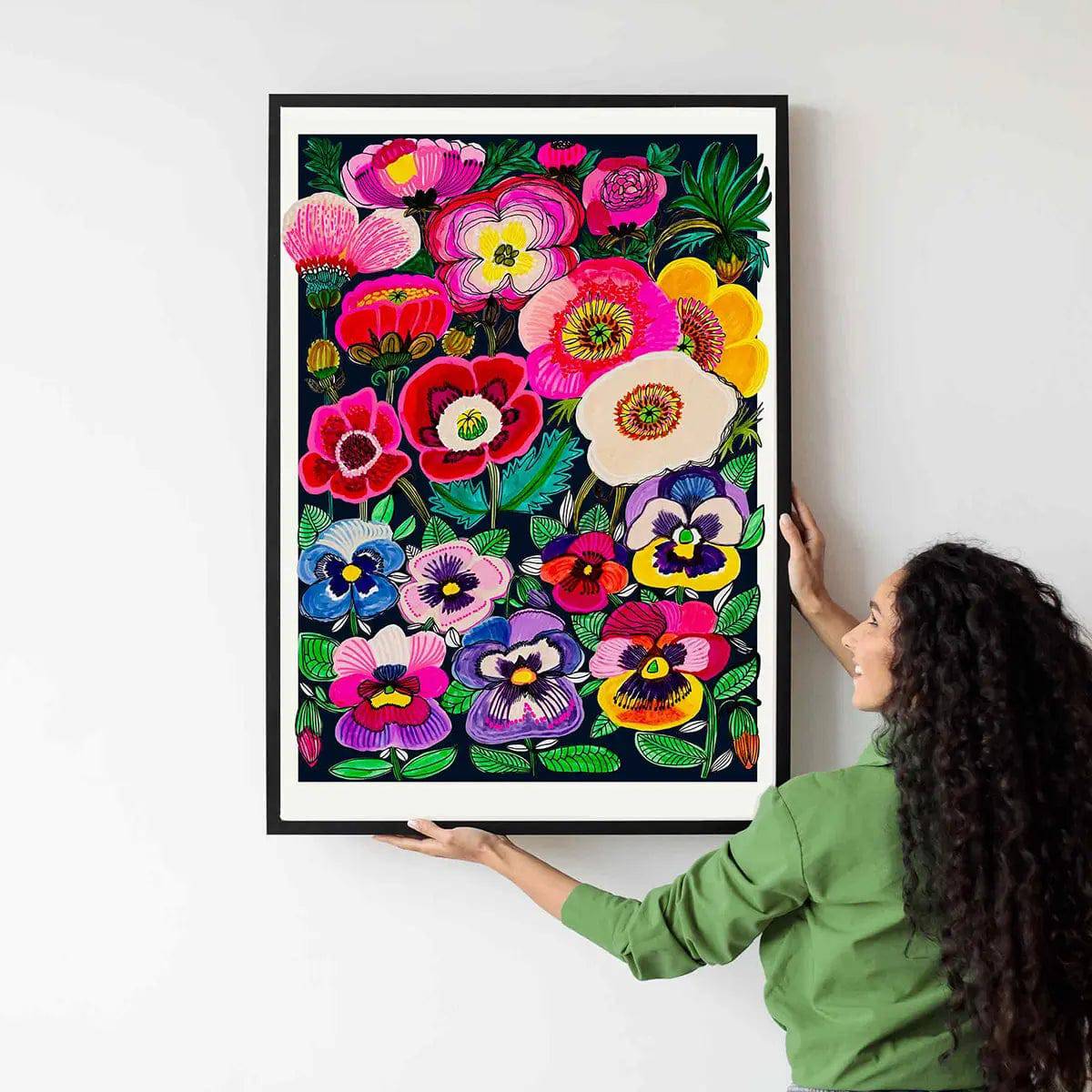 Midnight Pansies and Poppies Wall Art Print - Floral Botanical Painting for Living Room, Bedroom & Office Decor