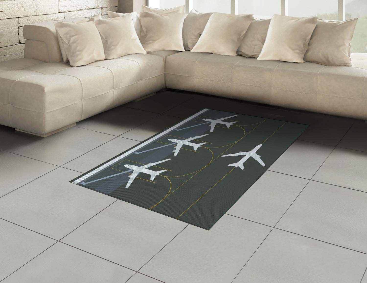 Ambesonne Aviation Themed Area Rug - Parked Airplanes Airfield Design, Flat Woven Accent Rug for Living Room, Bedroom & Dining Room, 4' x 5.7' White Dimgray - Perfect for Aviation Enthusiasts & Modern Home Decor