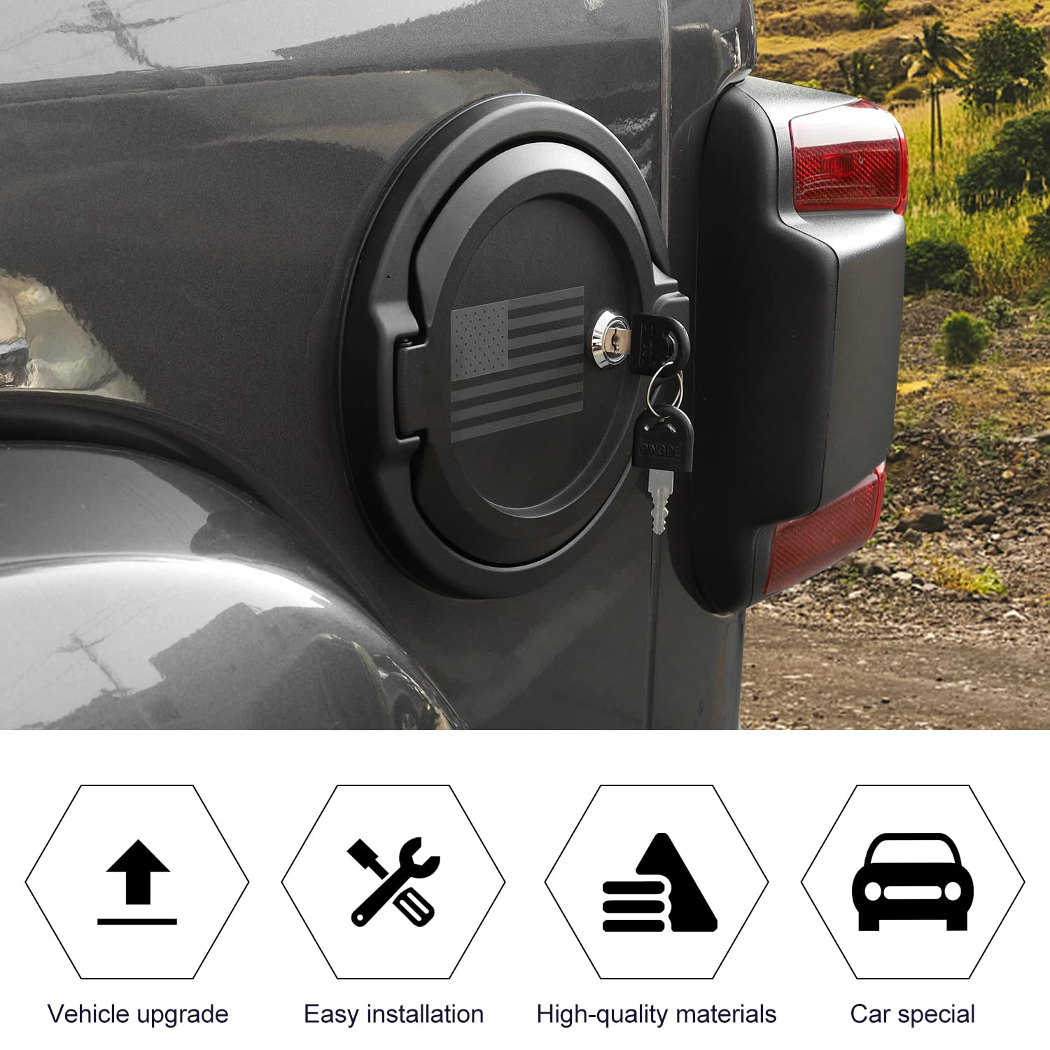 Jeep Wrangler JL JLU 2018-2024 Locking Gas Cap Cover with US Flag Design - Secure Fuel Filler Door Accessories for Off-Roading & Daily Driving