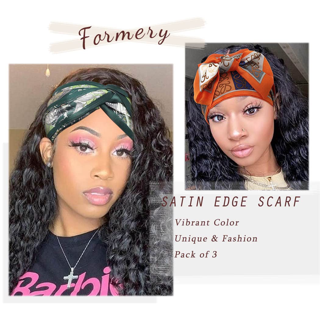 Formery Silky Edge Lay Scarf - Pink Pattern African Hair Wraps & Satin Wig Edge Headbands for Women & Girls (3-Pack) | Perfect for Protective Styling, Sleep & Everyday Fashion