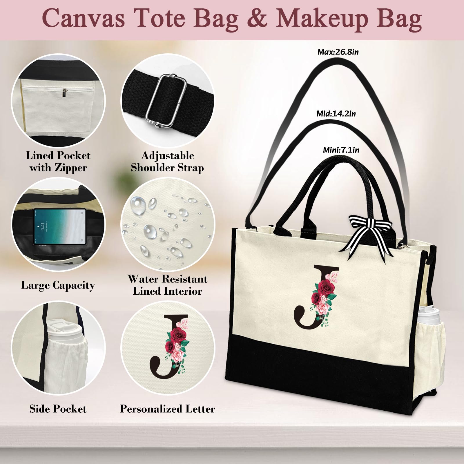 AMGKNOP Personalized Initial Canvas Tote Bag & 2 Makeup Bags Set for Women - Monogrammed Jewelry Travel Case Gift for Mom, Grandma, Teacher - Perfect for Birthday, Travel & Daily Use