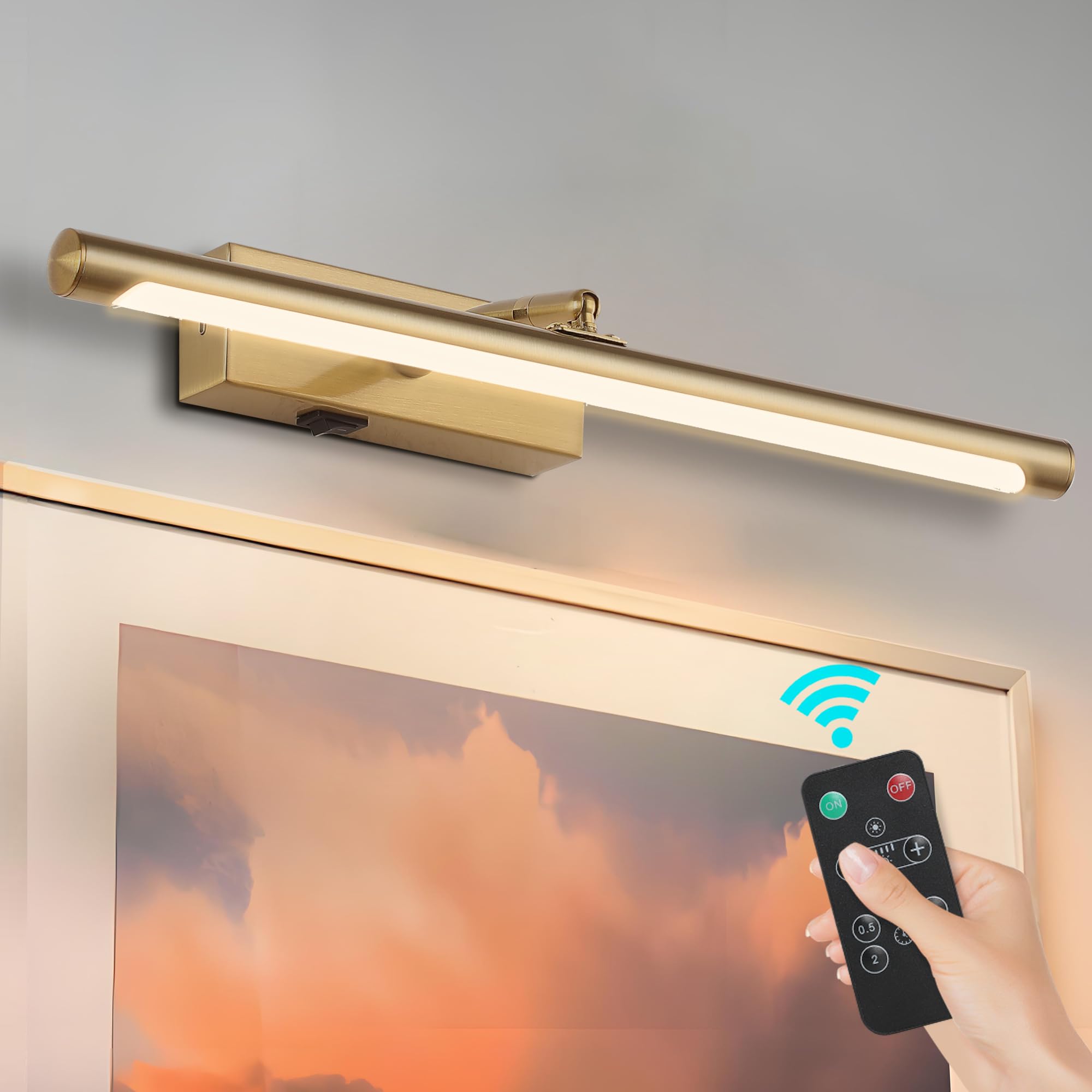 Rechargeable Battery Operated Picture Lights with Remote Control - Dimmable Wall Art Light for Gallery & Home Decor (Golden, 16 Inch) - Perfect for Illuminating Paintings, Photos & Artwork Displays