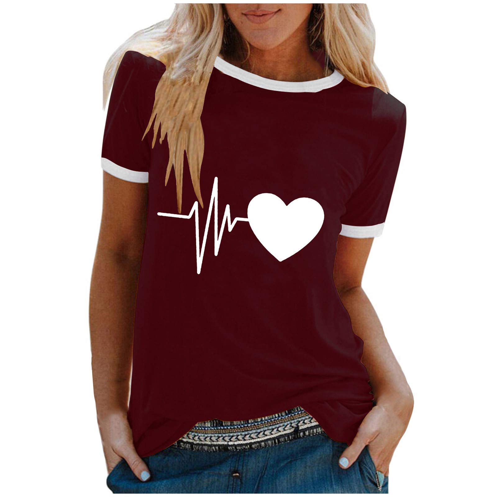 Women's Short Sleeve T-Shirt | Solid O-Neck Valentine's Day Plaid Heart Print Top | Casual Valentine Tee for Date Night, Gift Giving & Everyday Wear