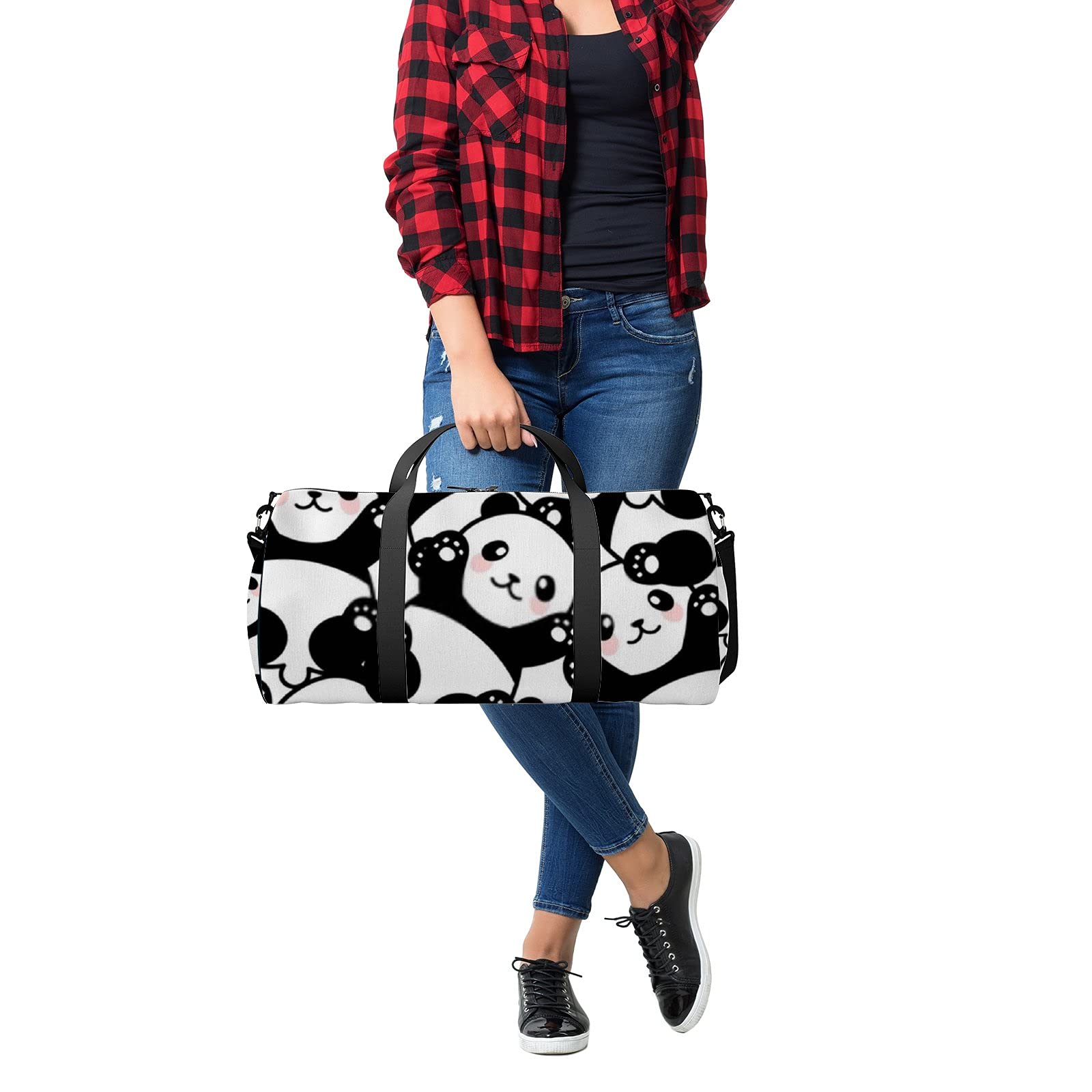 Black and White Cute Kawaii Panda Sports Tote Bag - Waterproof Gym Bag with Shoulder Strap & Zipper Pockets for Men Women - Perfect for Travel, Workout, School & Daily Use